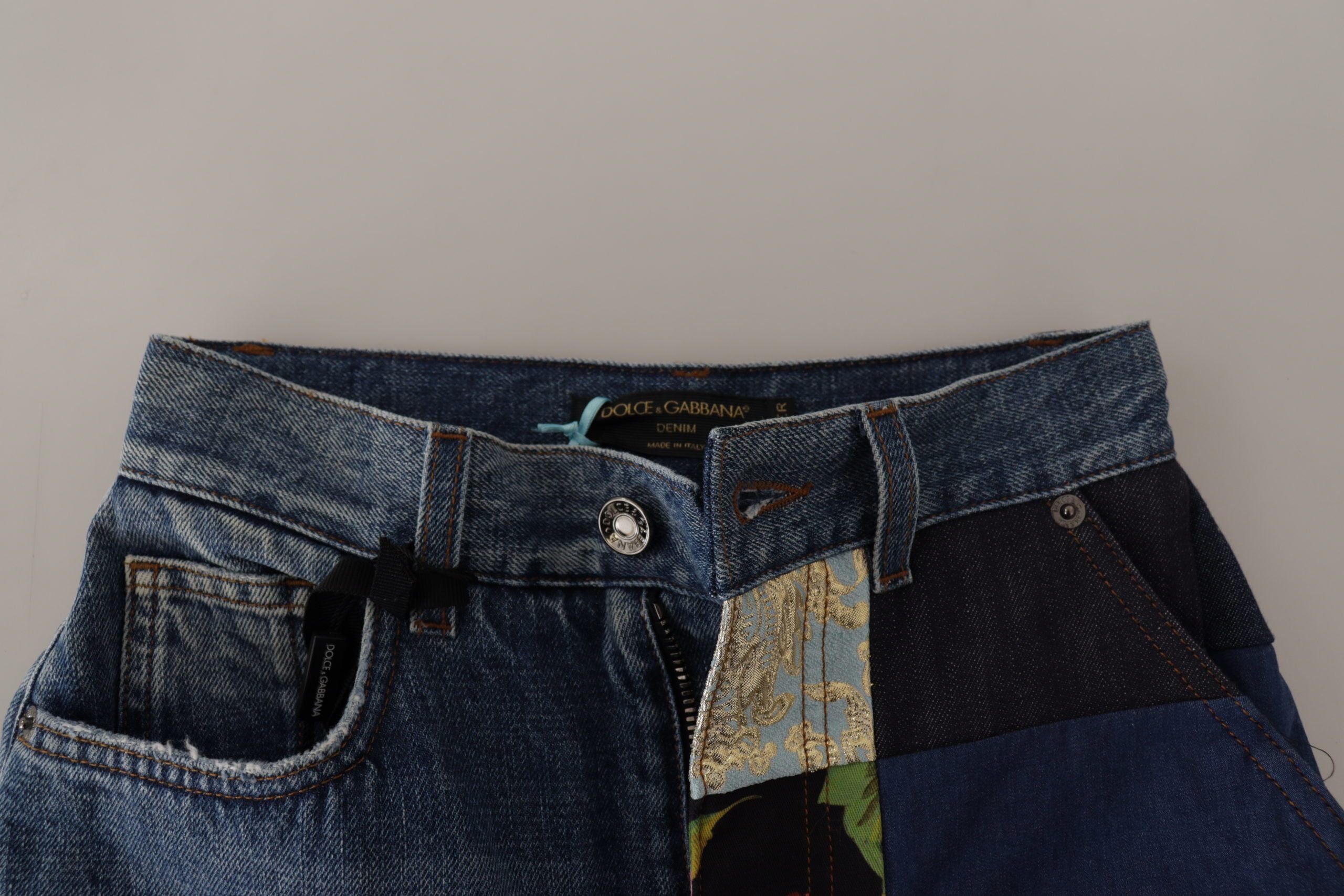 Blauwe jeans jacquard majolica hoge taille broek