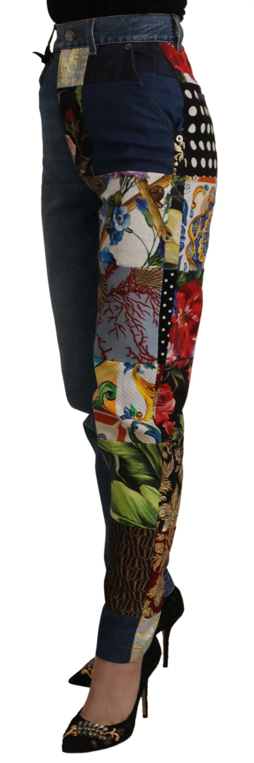Blauwe jeans jacquard majolica hoge taille broek