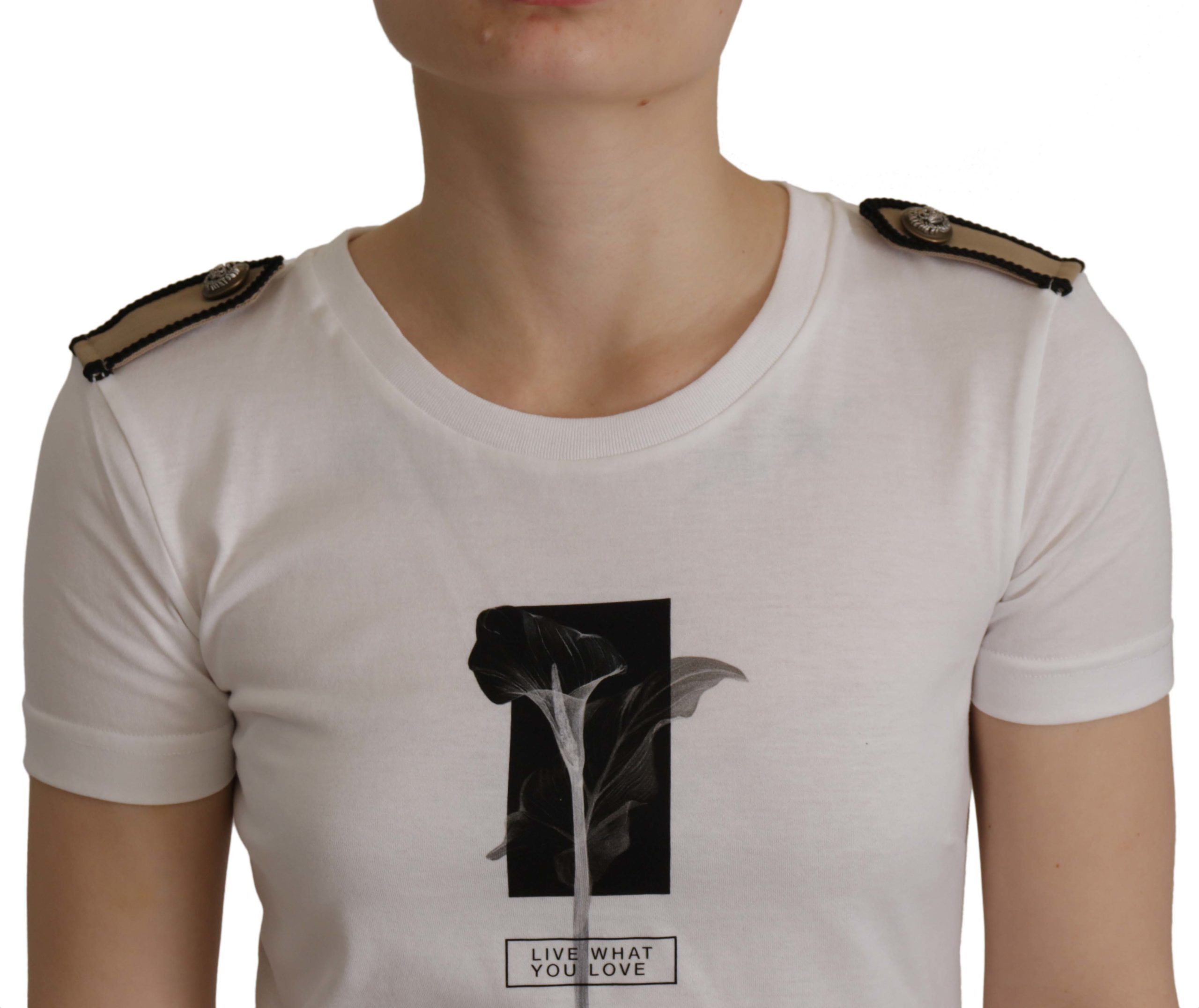 Wit zwart rozen ronde hals katoenen T-shirt