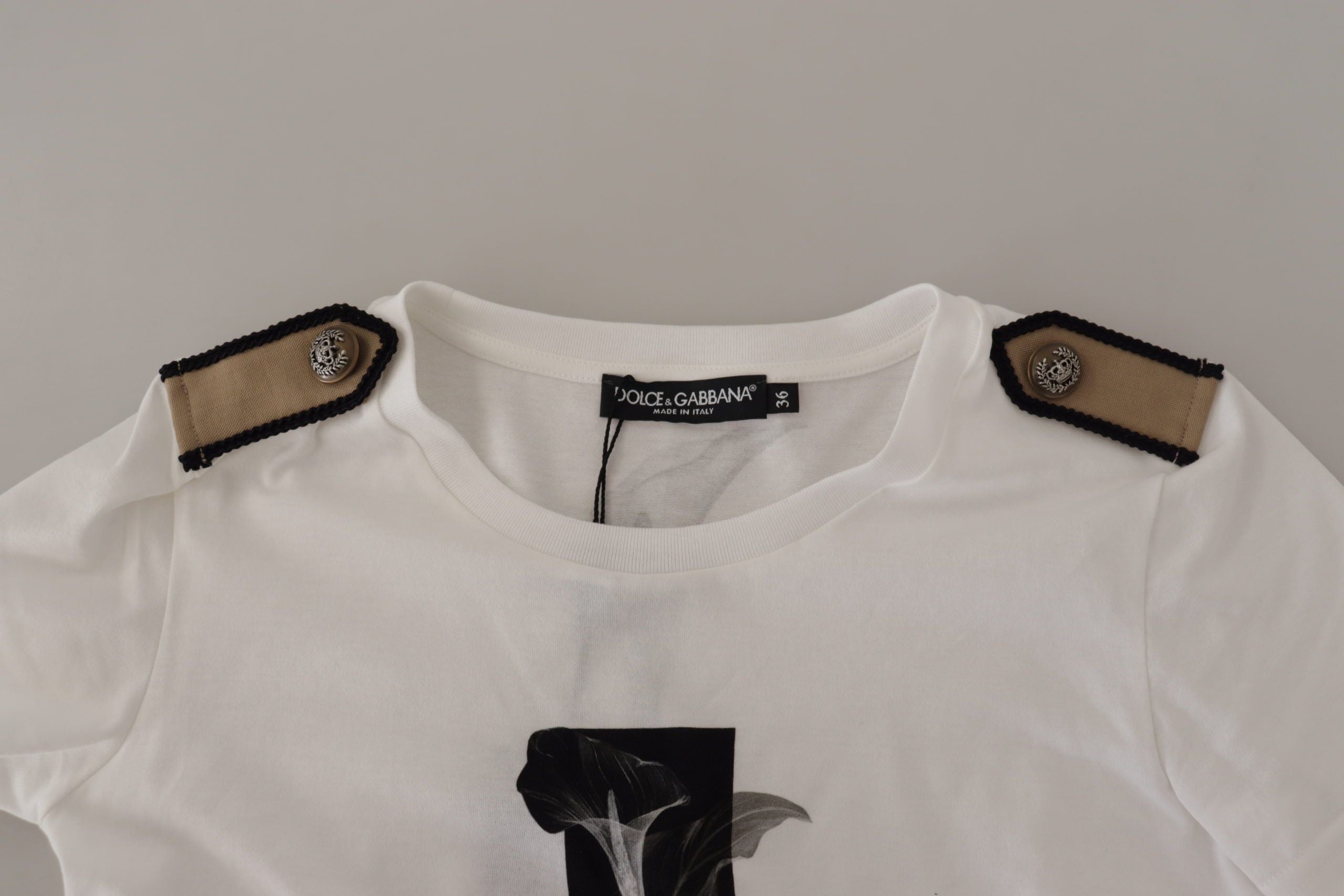 Wit zwart rozen ronde hals katoenen T-shirt