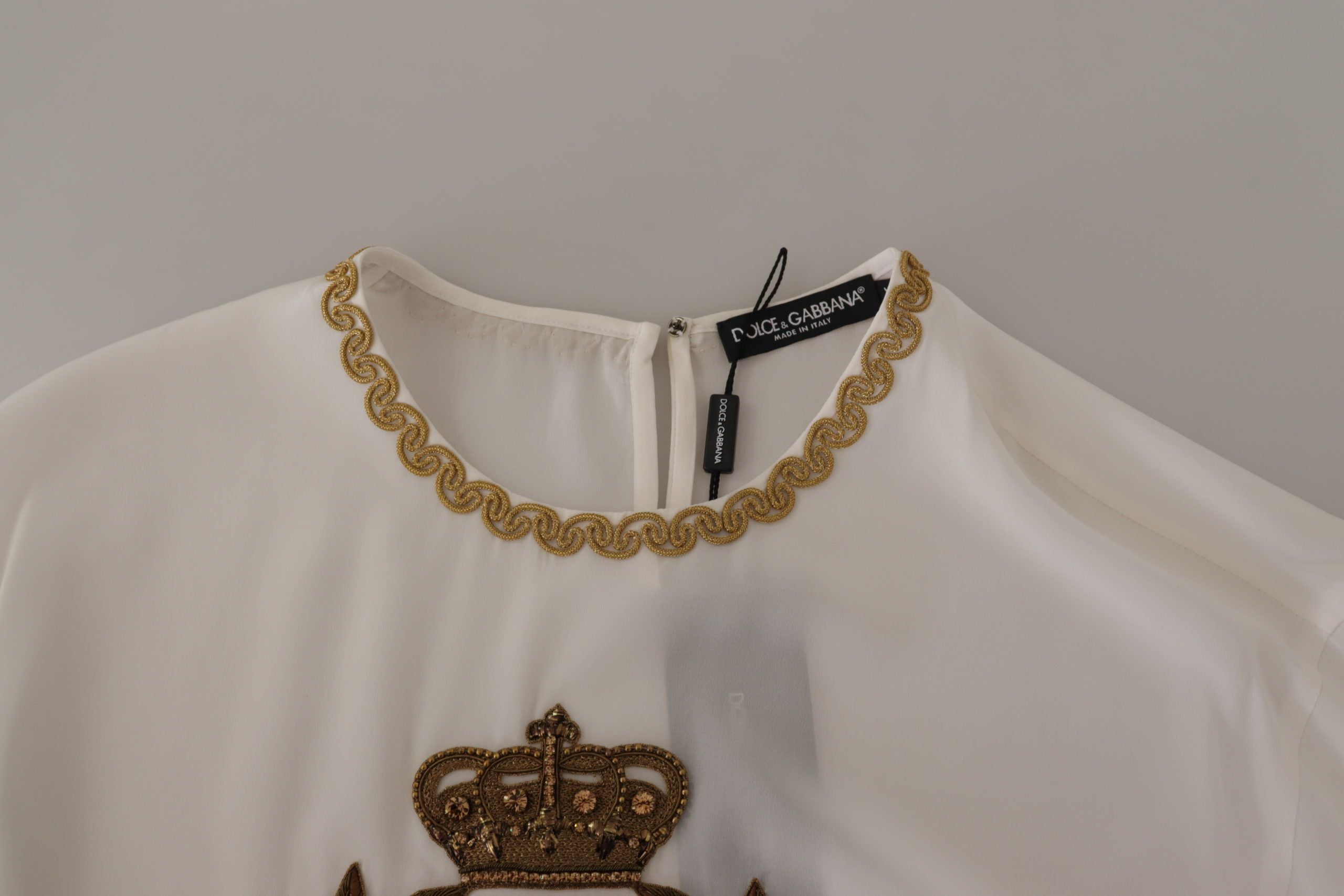 White Silk Gold DG Crown Crystal Blouse Top