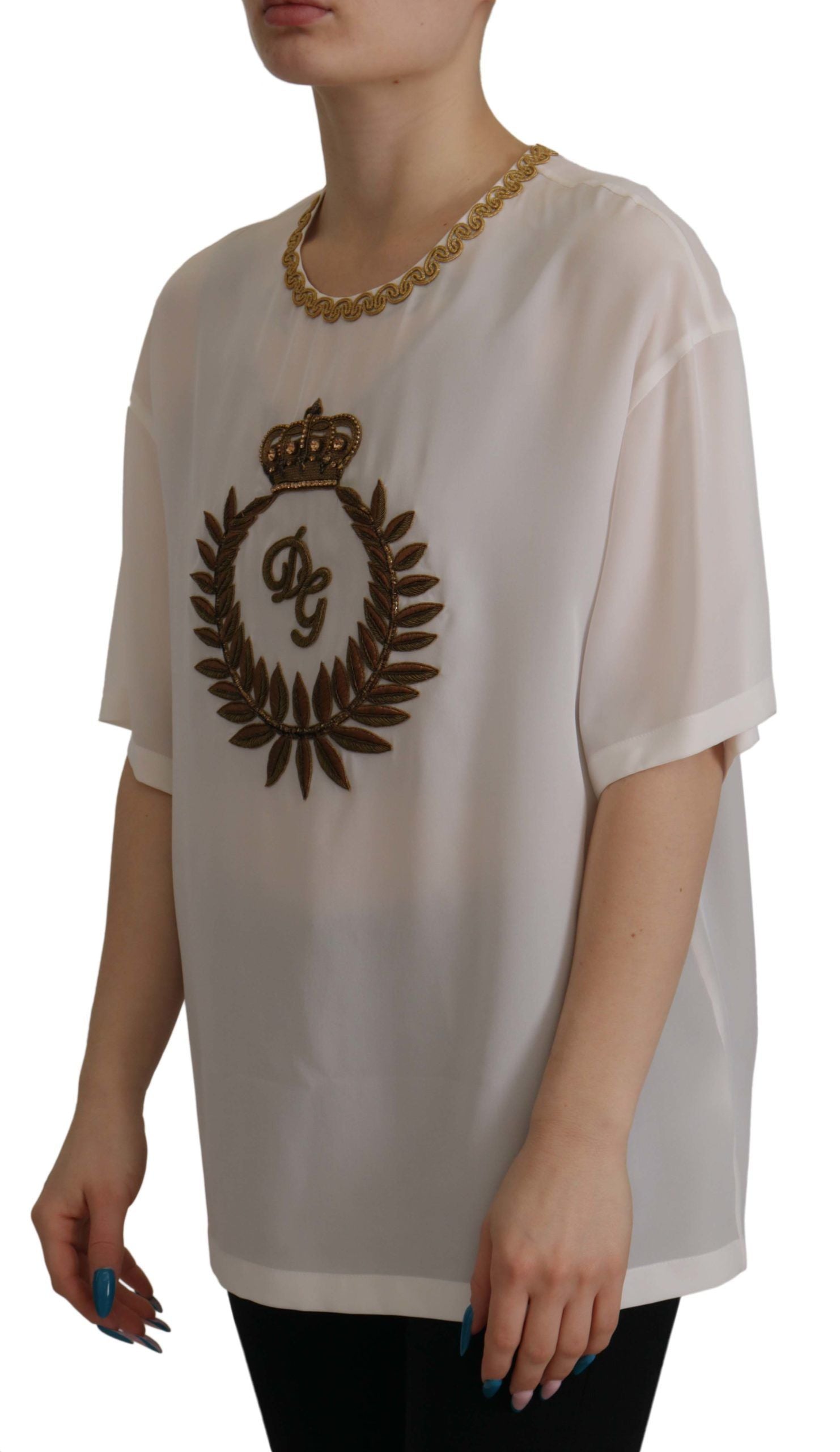 Witte zijden goudkleurige DG Crown Crystal blouse top