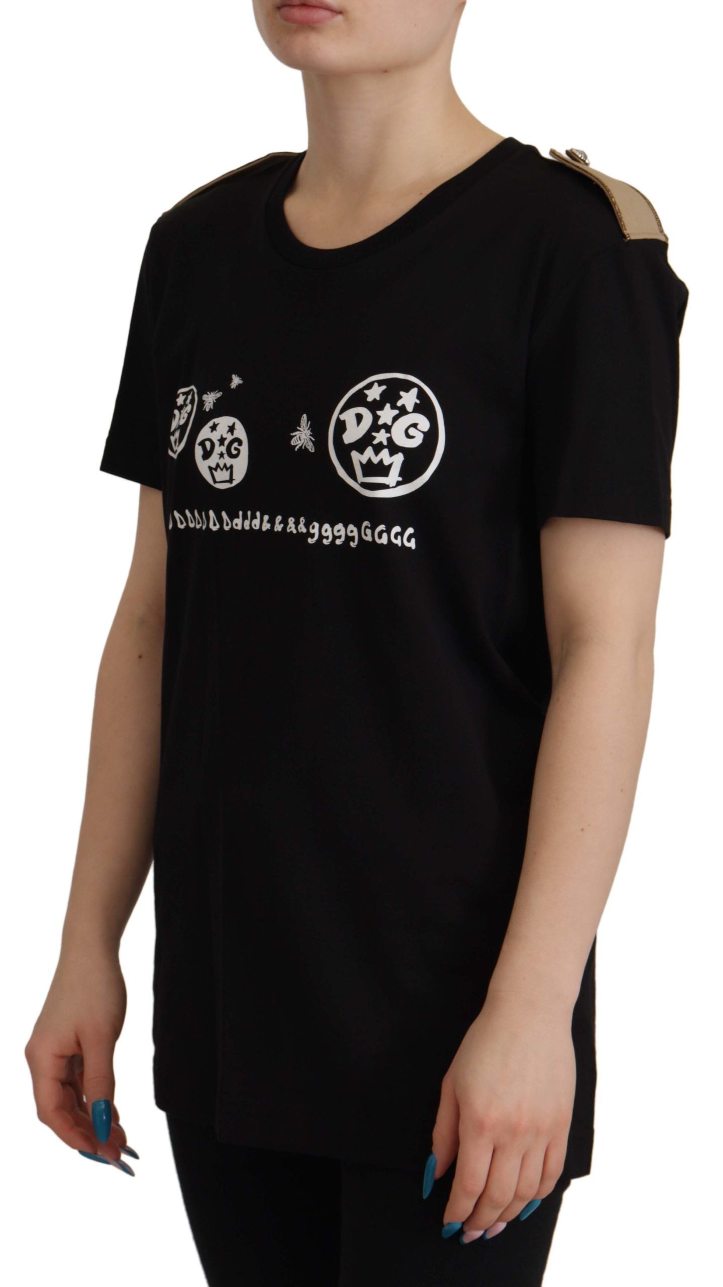 Zwart katoenen T-shirt met ronde hals en logomotief