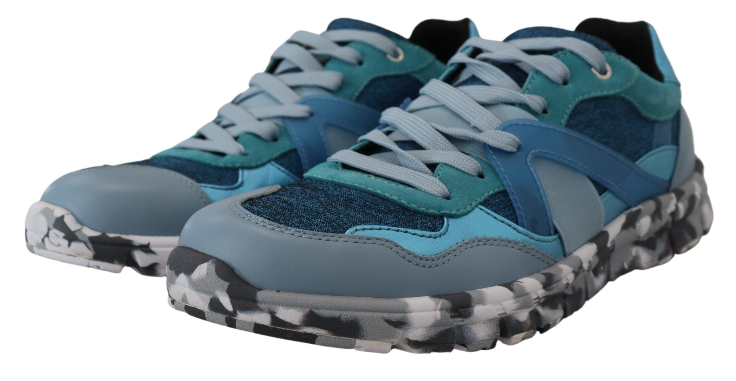 Blauwgrijze leren sportschoenen met lage bovenkant