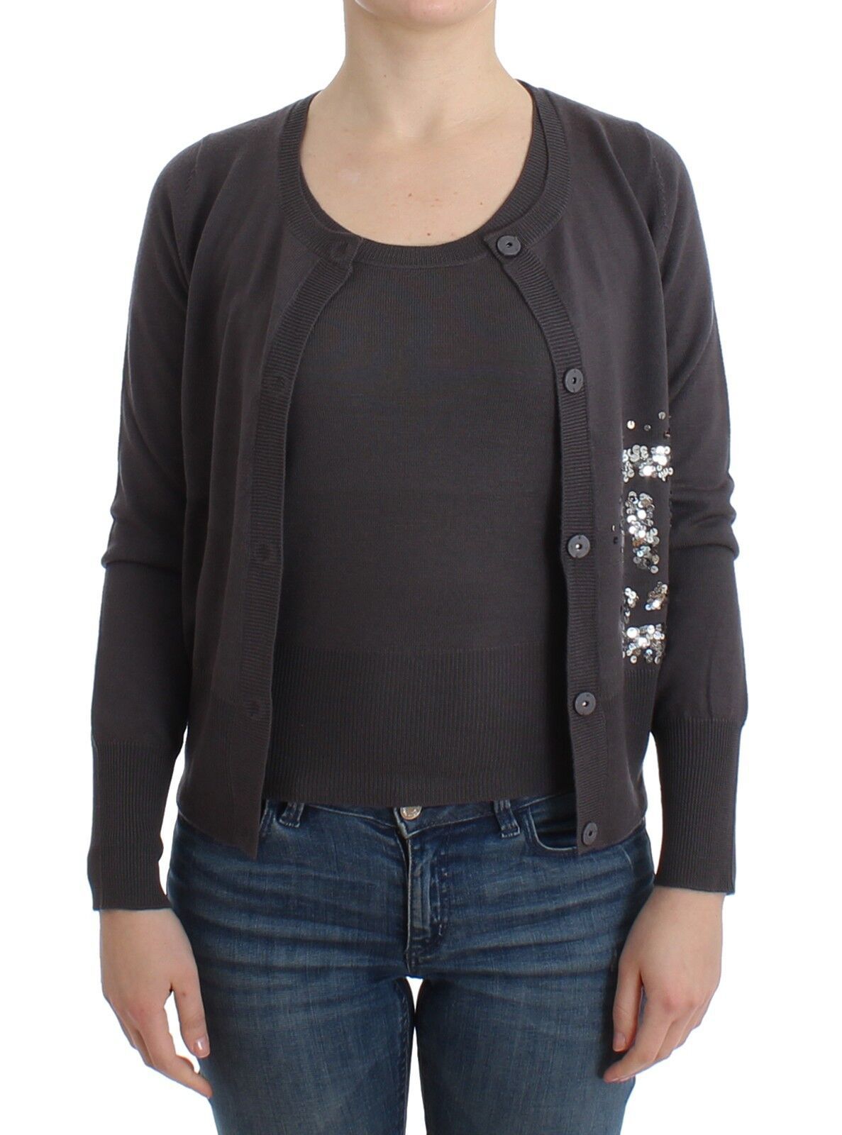 Paarse wollen pailletten cardigan gebreide trui