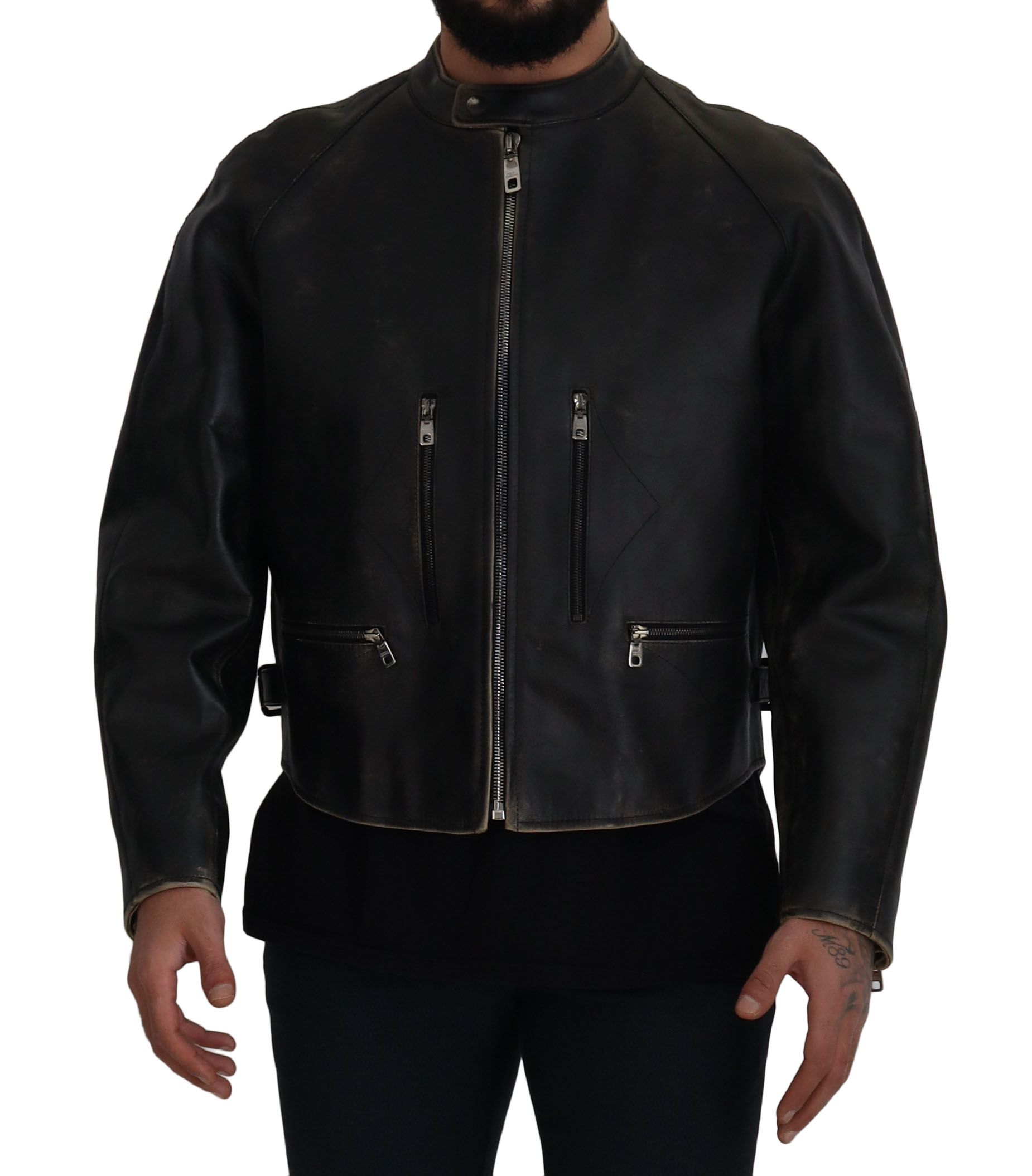 Black Leather Zipper Biker Coat Jacket