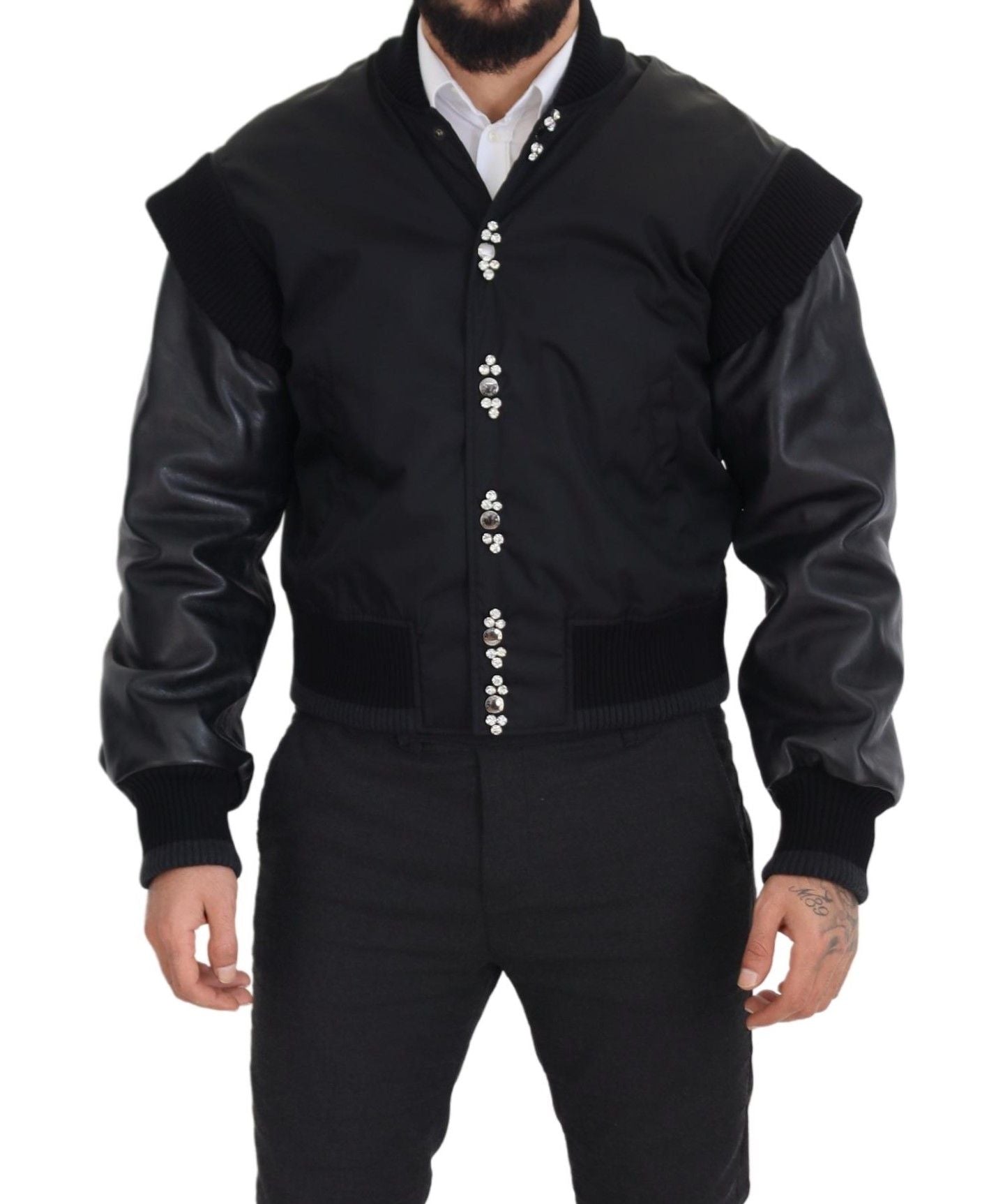 Zwarte nylon kristallen jas met knopen