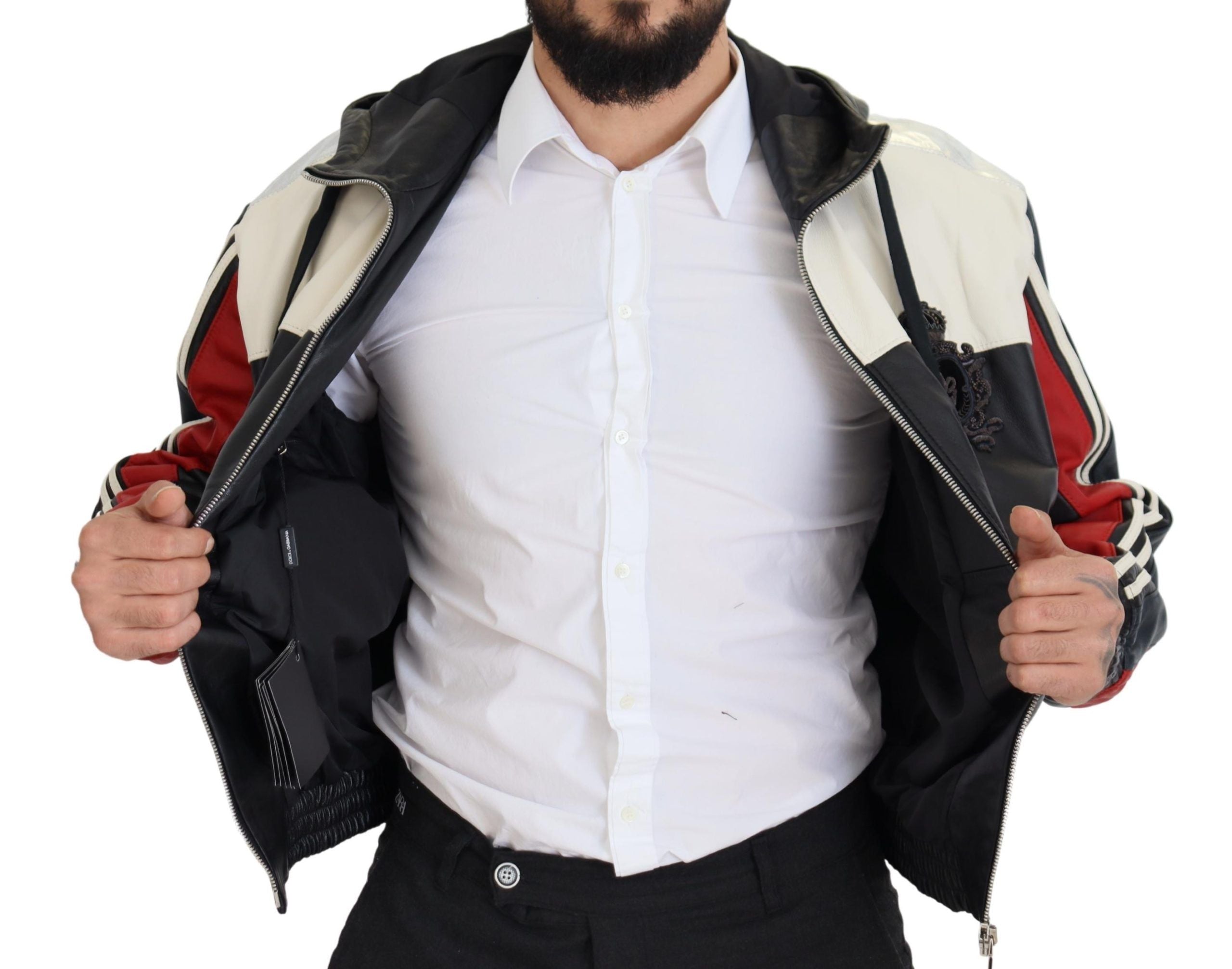 Zwarte leren blousonjas met capuchon