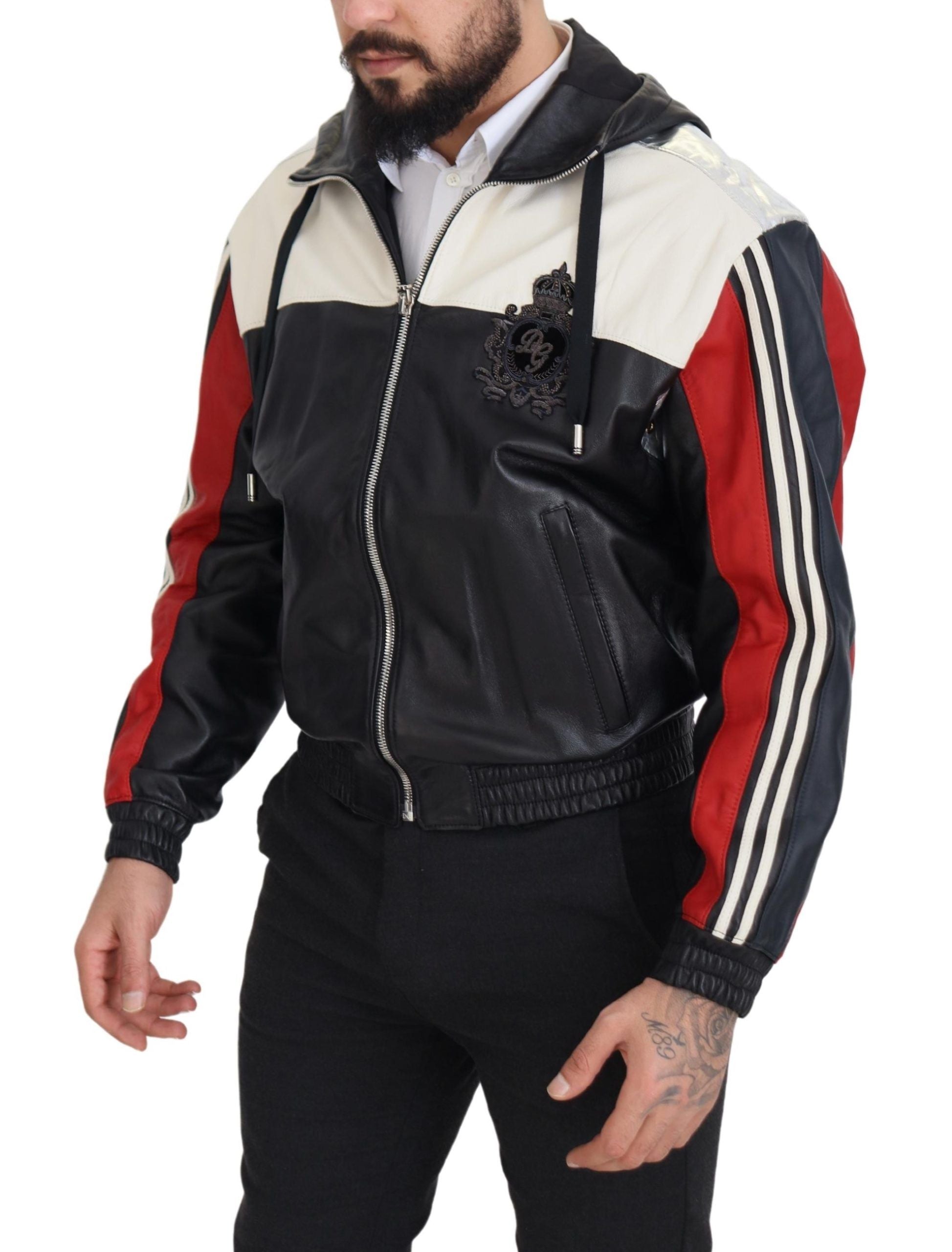 Zwarte leren blousonjas met capuchon