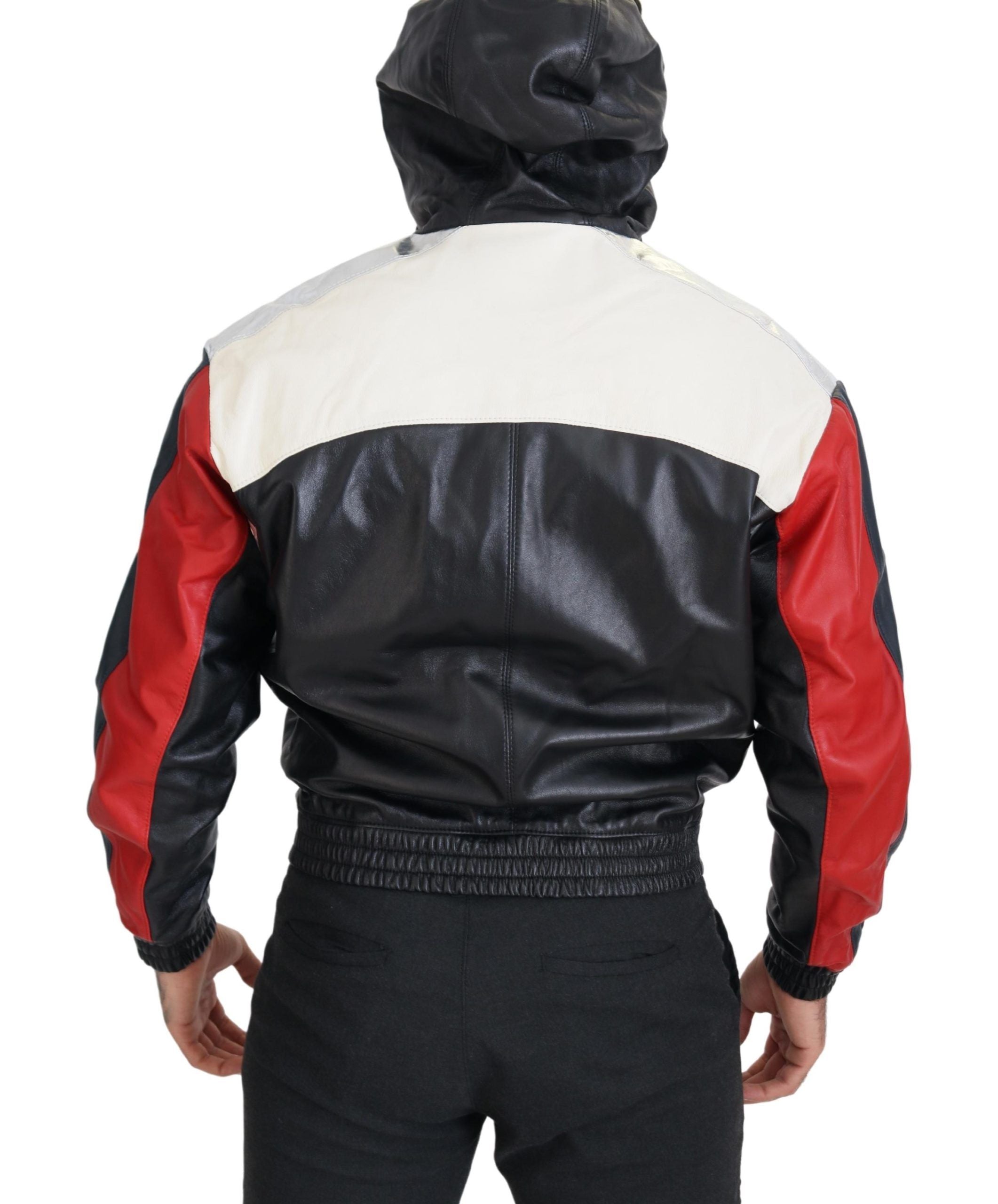 Zwarte leren blousonjas met capuchon