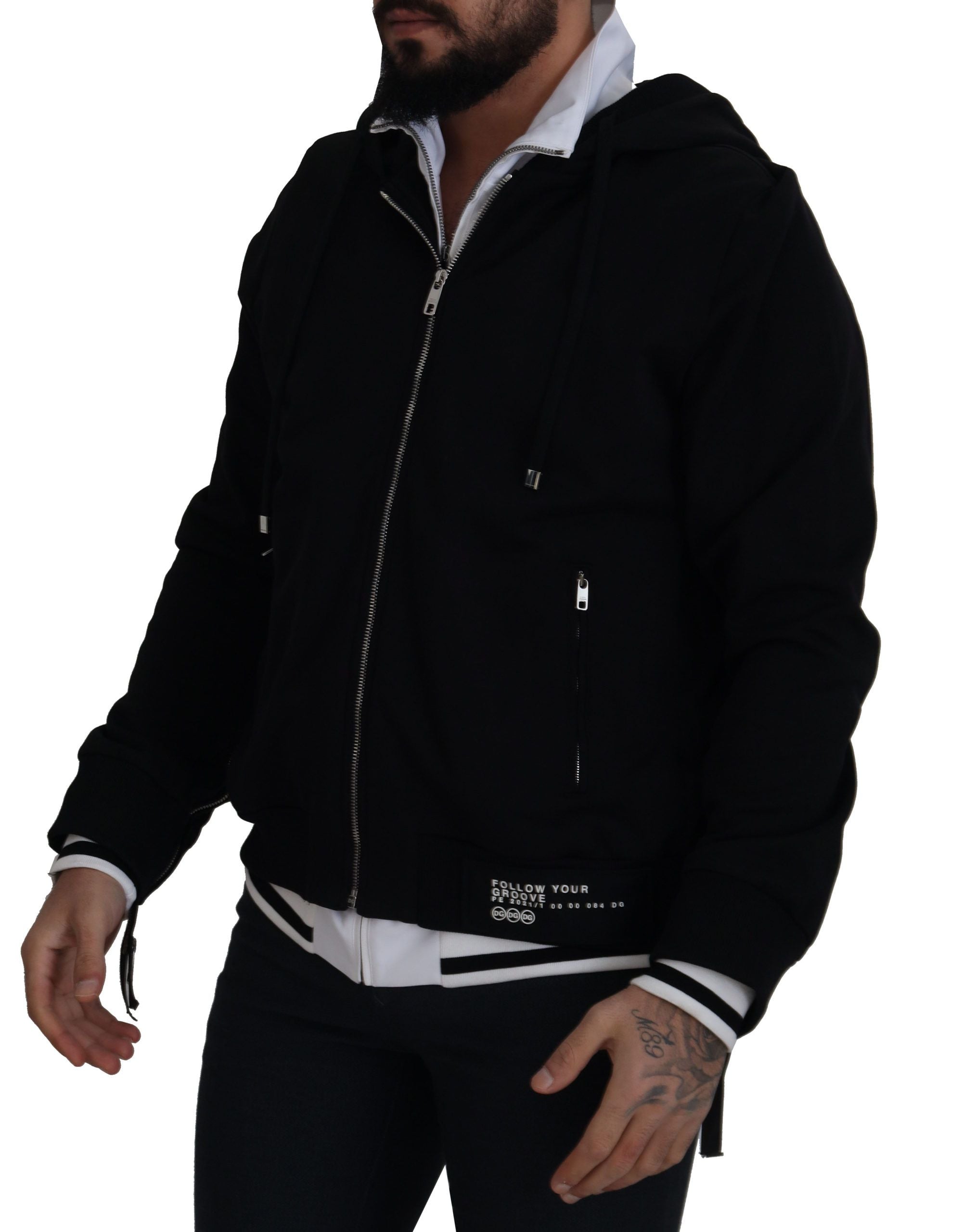 Zwarte polyester capuchonjas met volledige ritssluiting