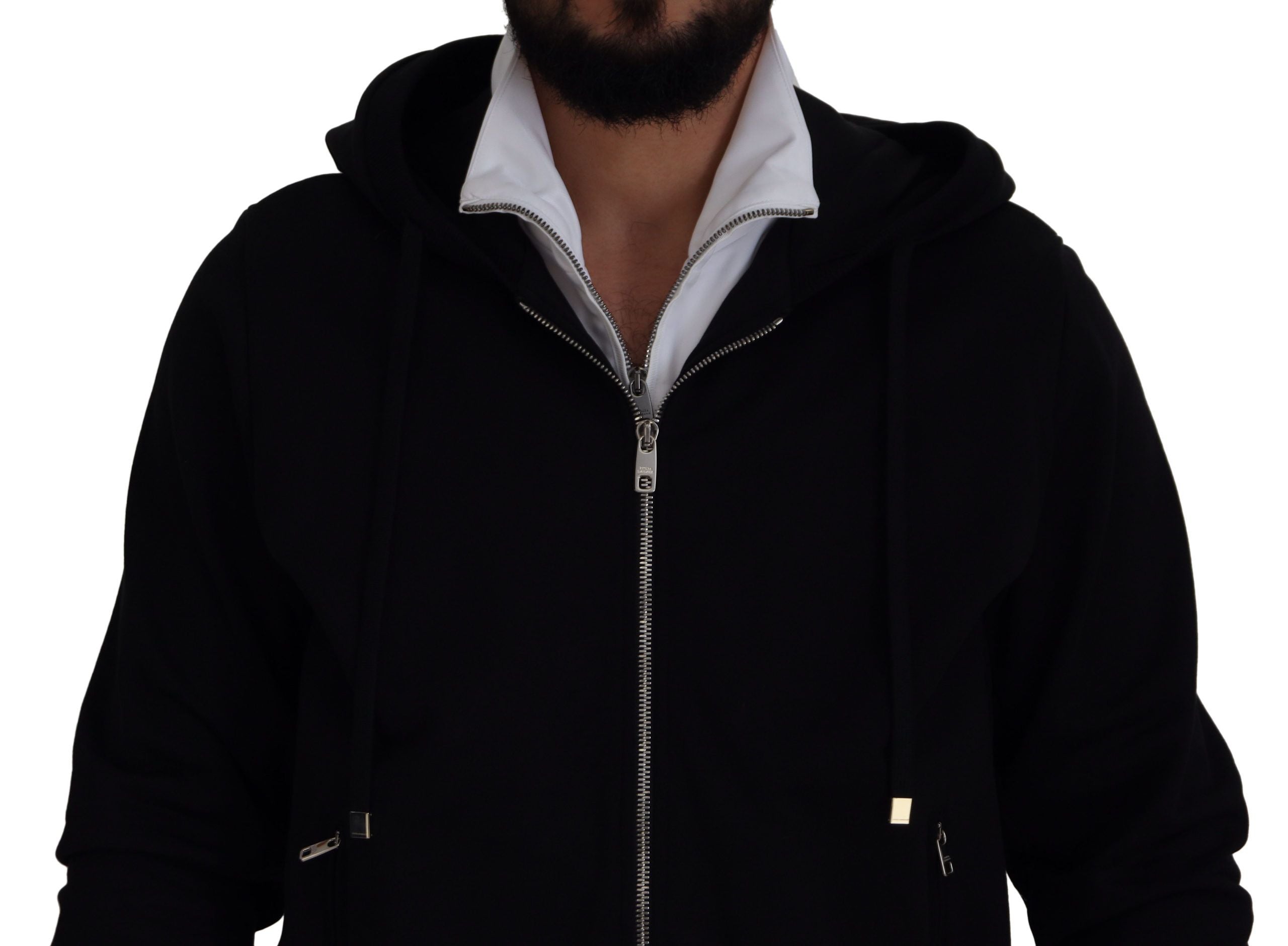 Zwarte polyester capuchonjas met volledige ritssluiting