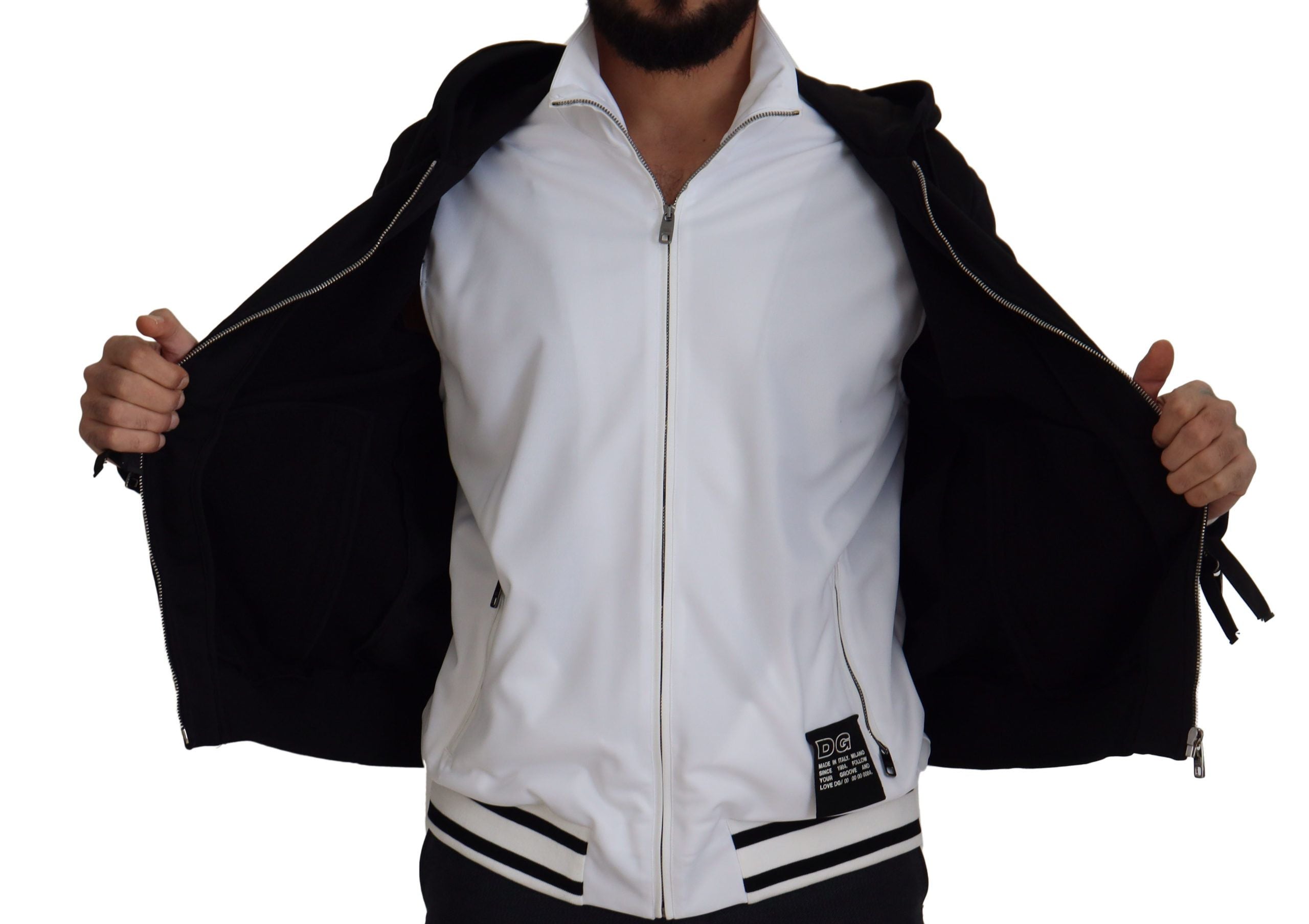 Zwarte polyester capuchonjas met volledige ritssluiting