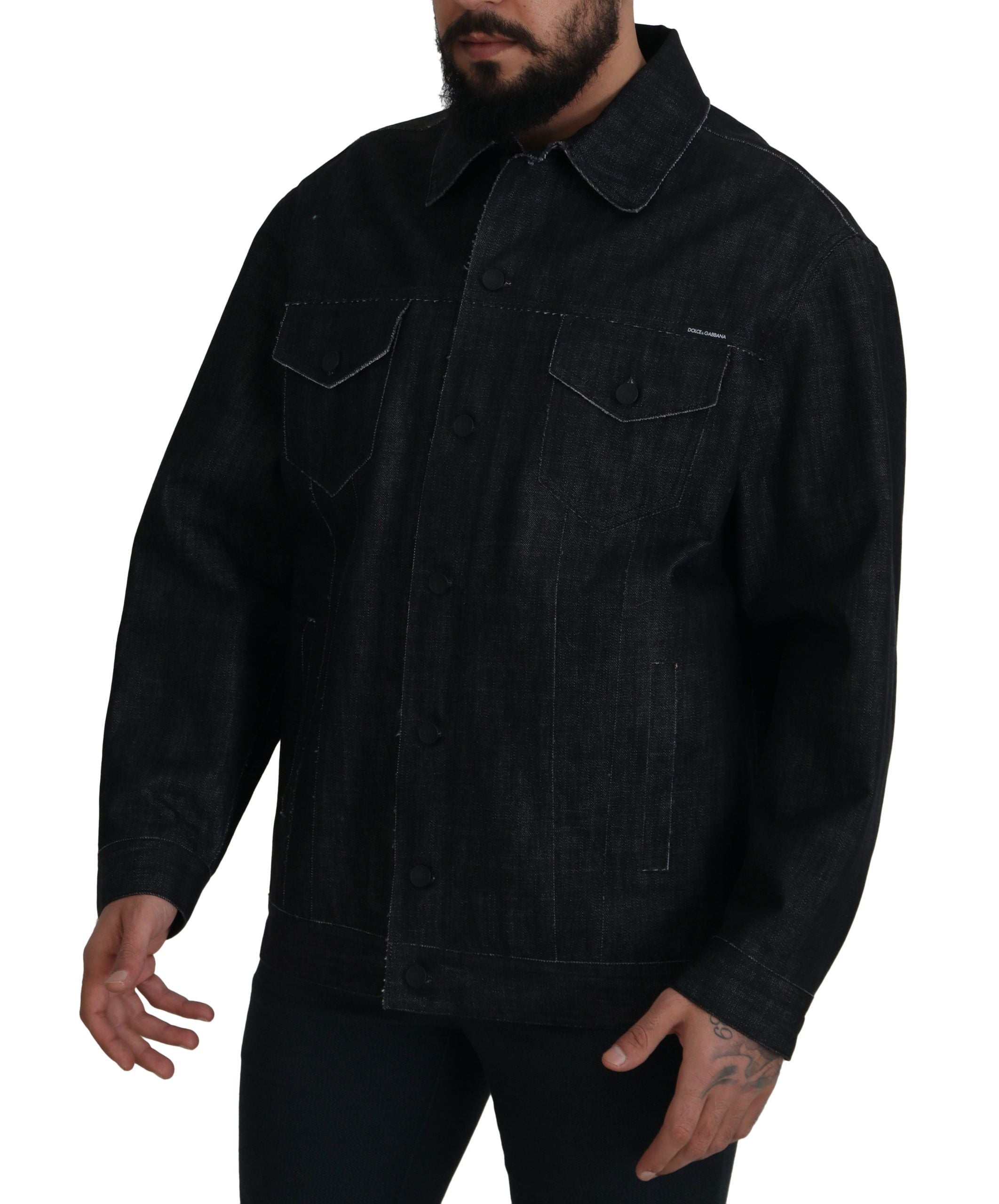 Zwarte katoenen denim jas met volledige knoopsluiting