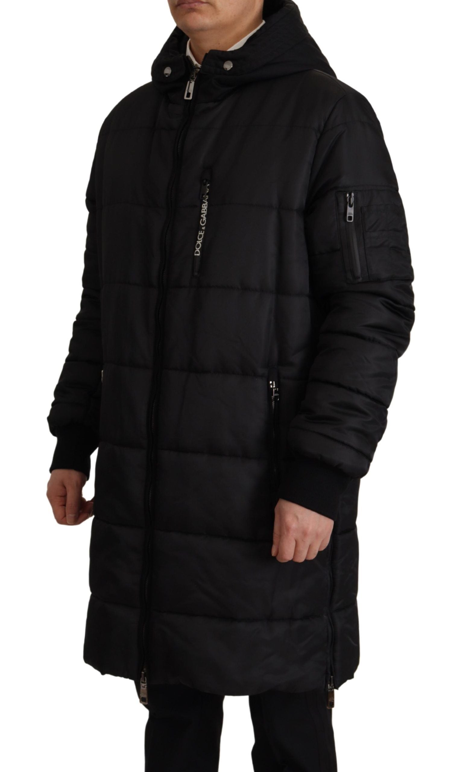 Zwarte nylon parka met capuchon, winterjas