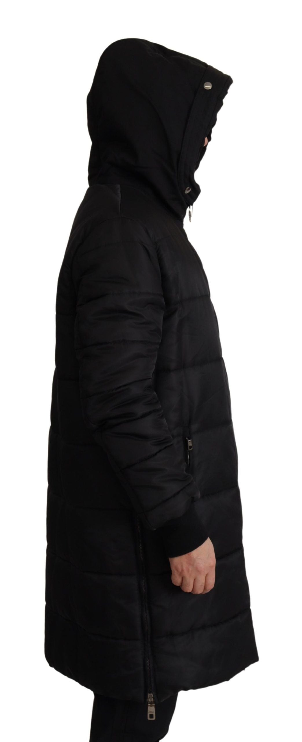 Zwarte nylon parka met capuchon, winterjas