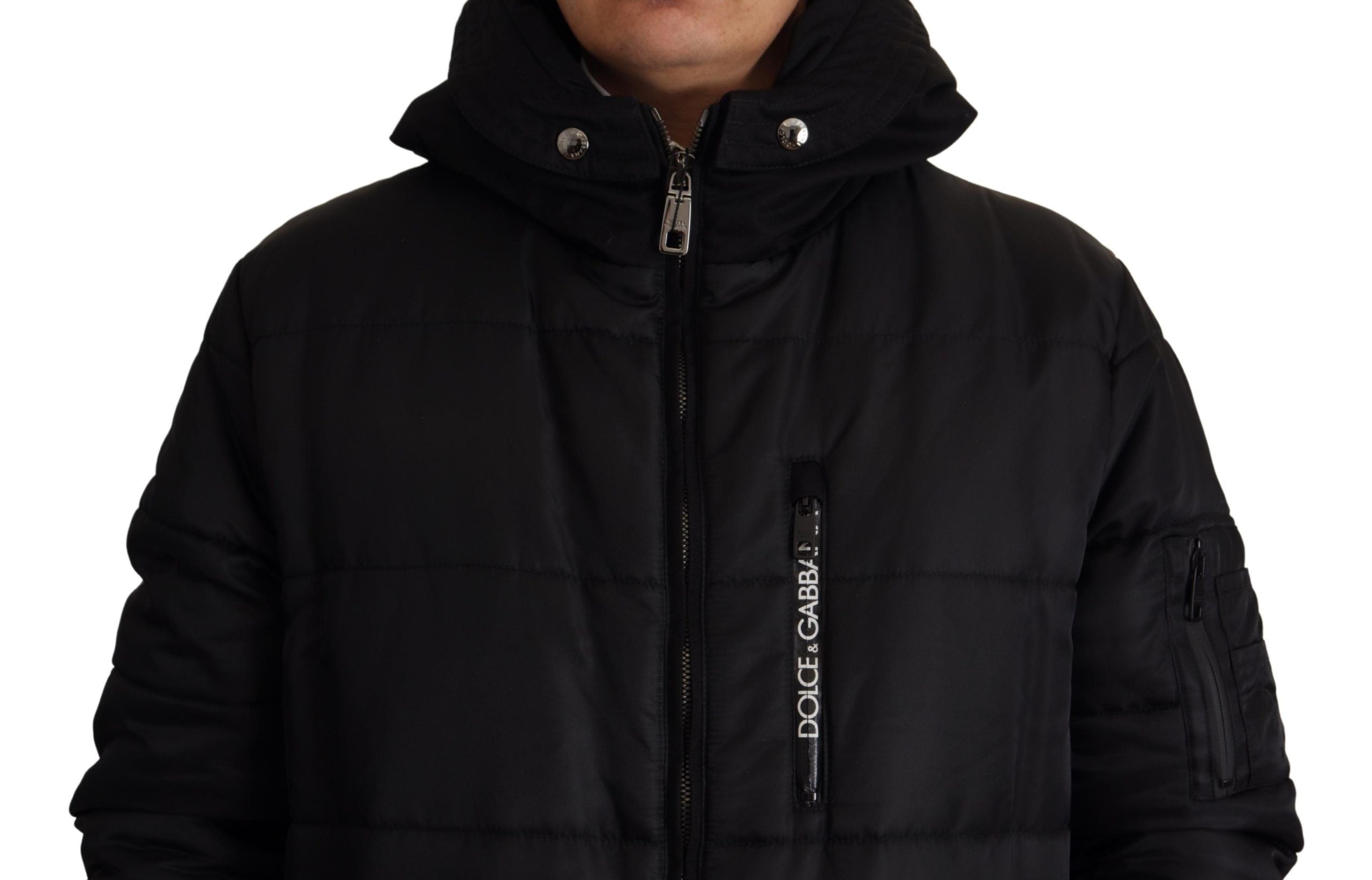 Zwarte nylon parka met capuchon, winterjas