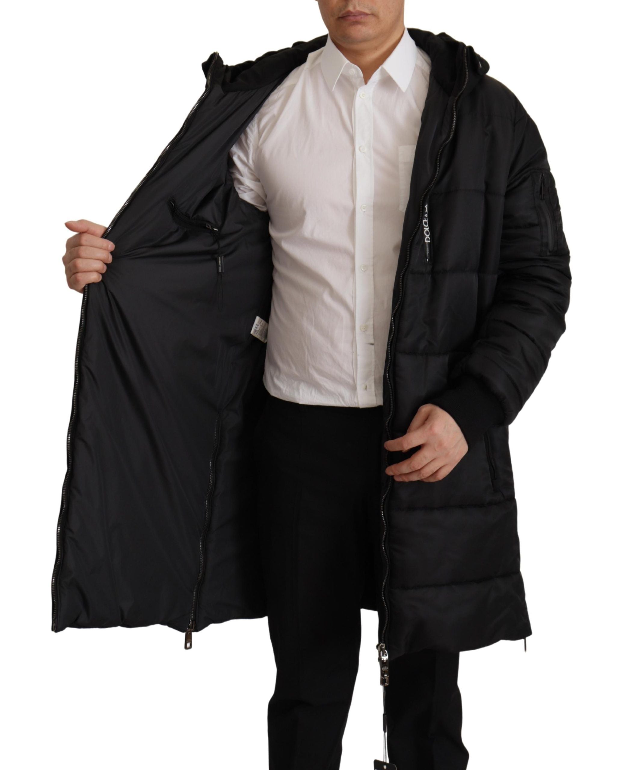 Zwarte nylon parka met capuchon, winterjas