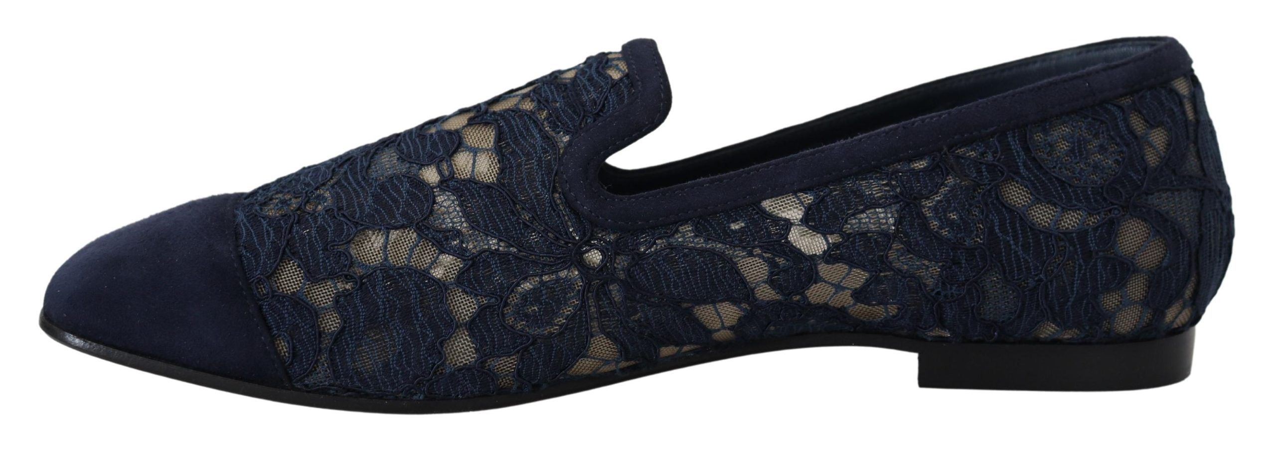 Blauwe bloemenkanten instappers loafers platte schoenen