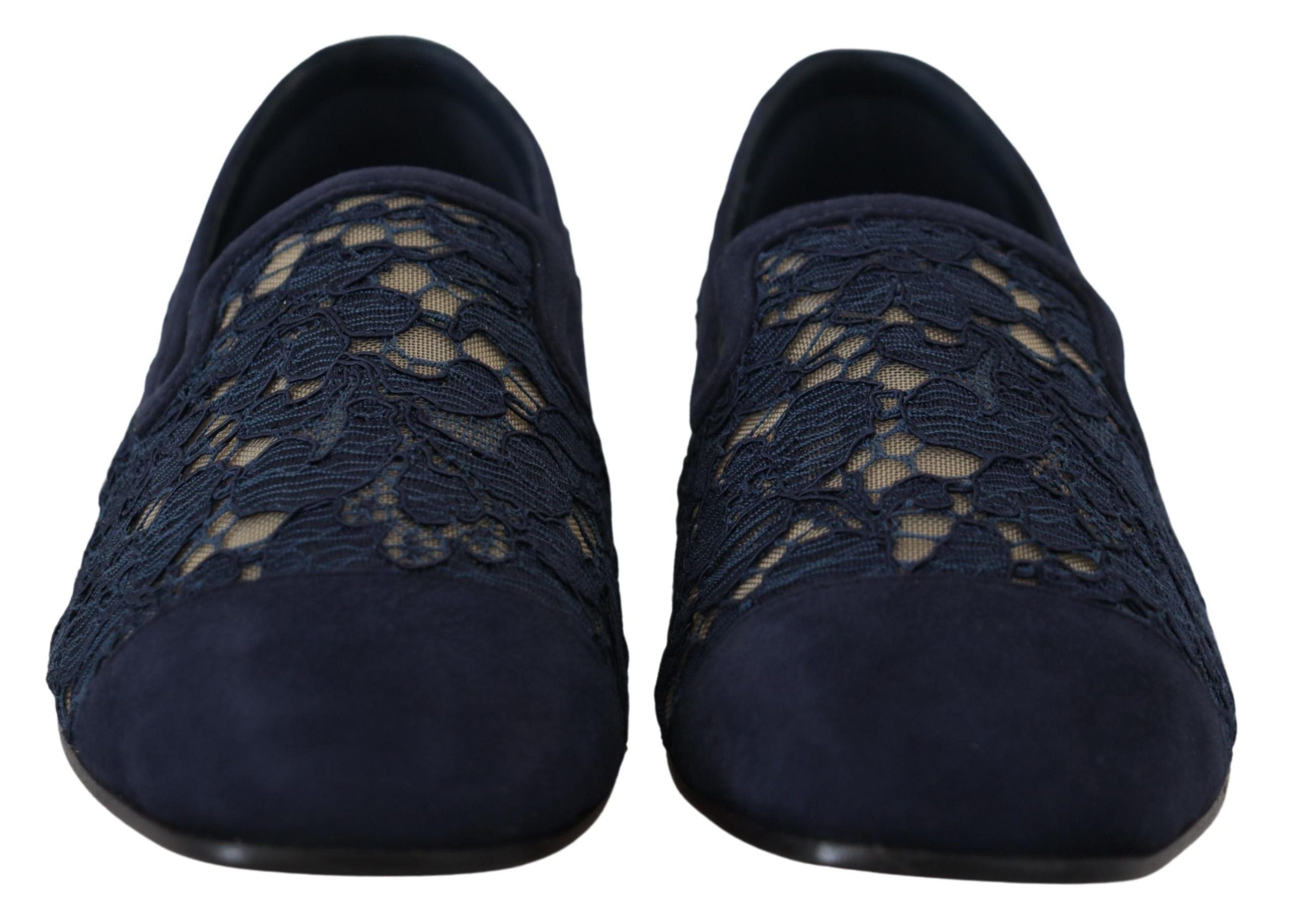 Blauwe bloemenkanten instappers loafers platte schoenen