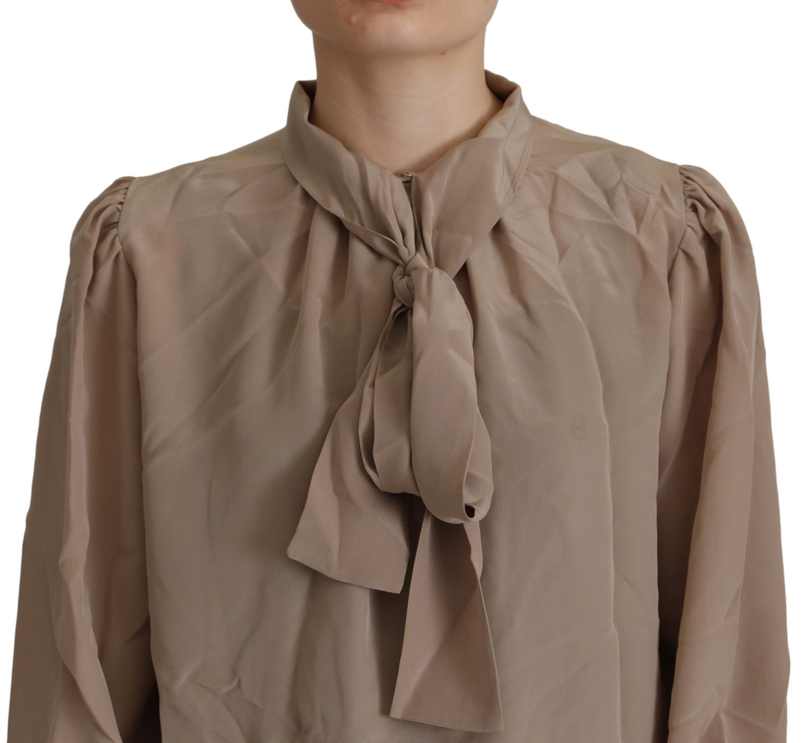 Bruine blouse met tailleband, mouwen en Ascot-kraag