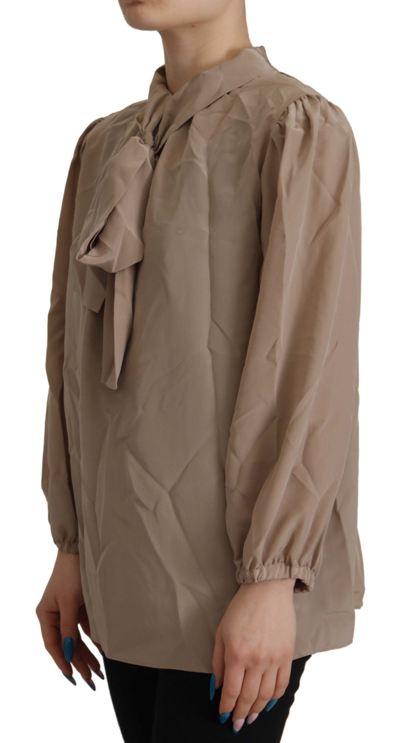 Bruine blouse met tailleband, mouwen en Ascot-kraag