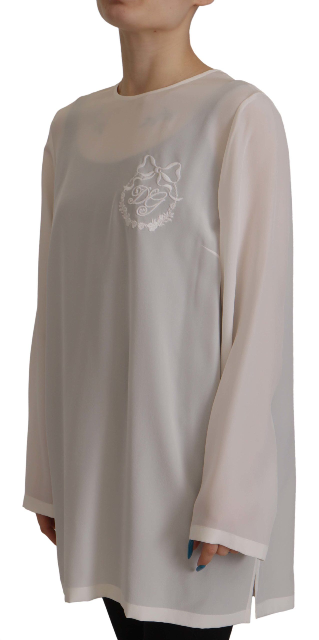 Witte zijden blouse met DG-logo en lange mouwen