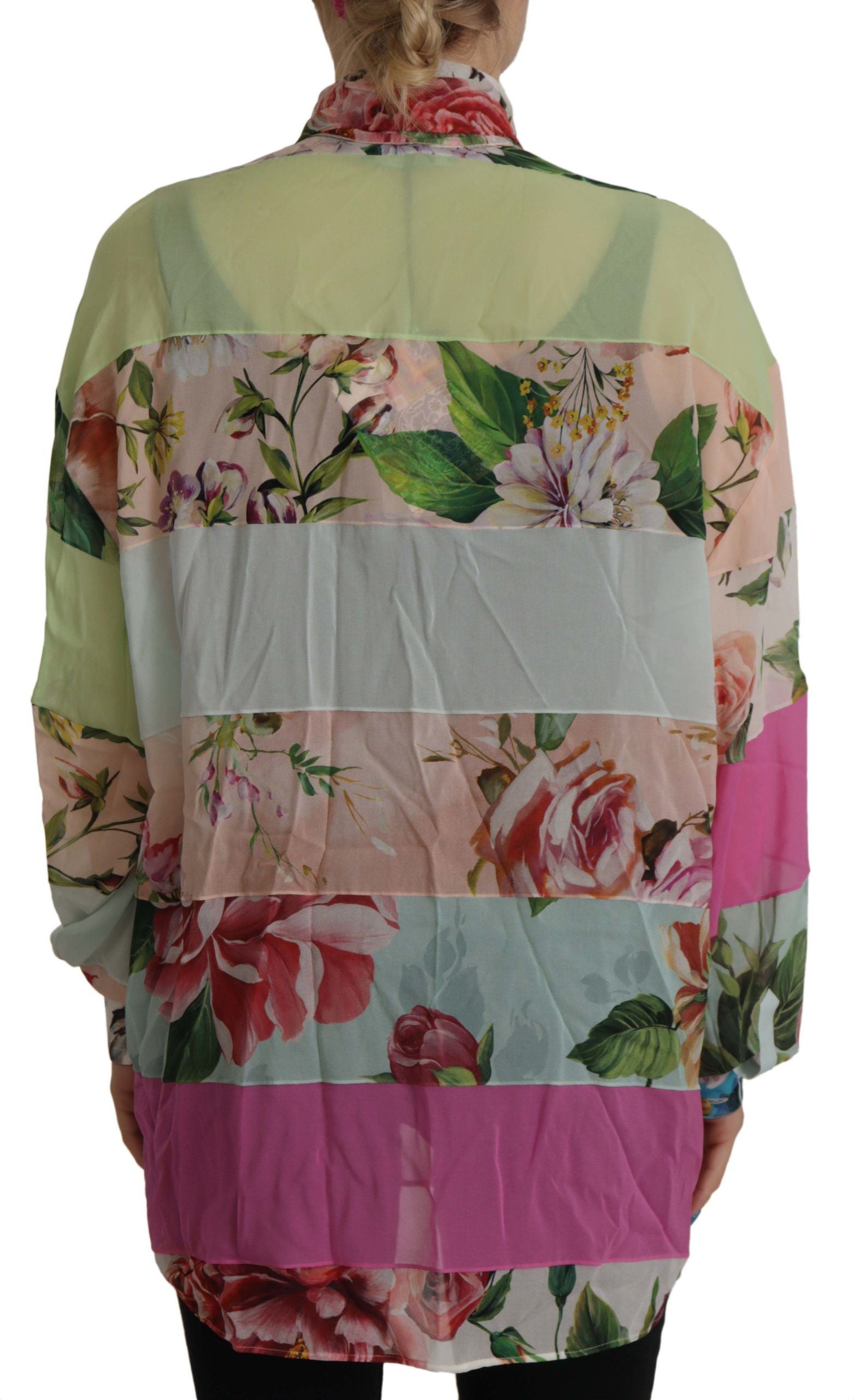 Blouse met veelkleurige bloemenpatchwork-ontwerp en Ascot-kraag