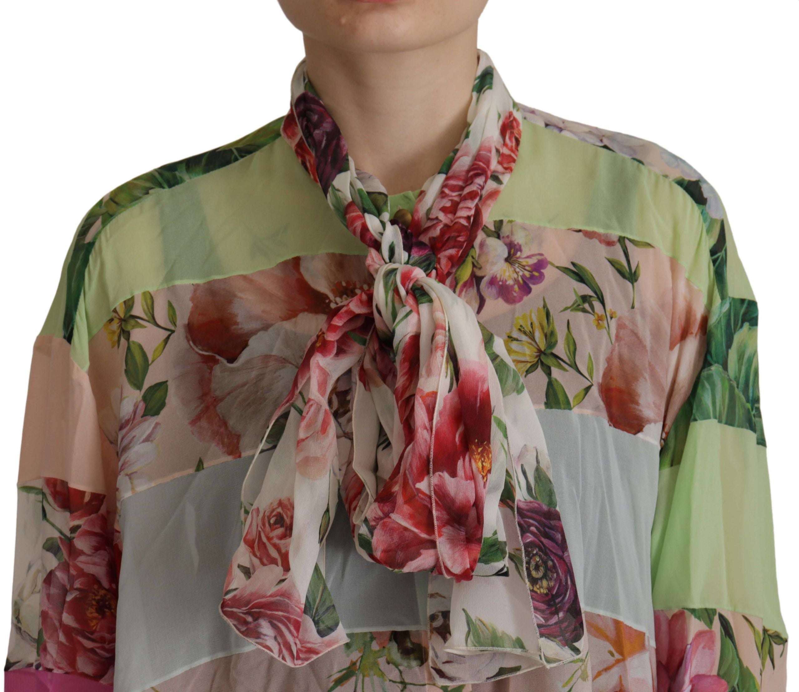 Multicolor Floral Patchwork Design Ascot Collar Top Blouse