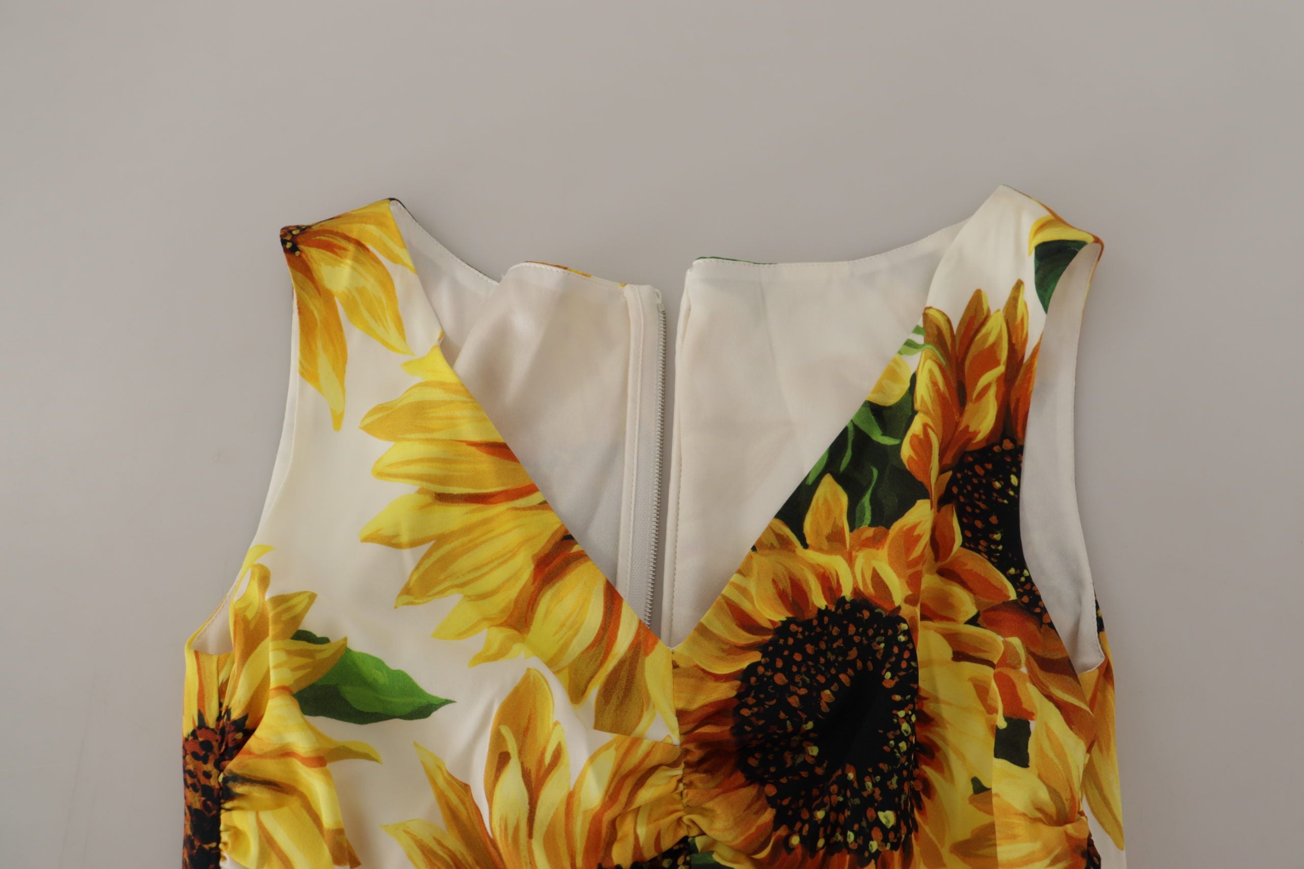 Witte zonnebloemprint schede midi zijde