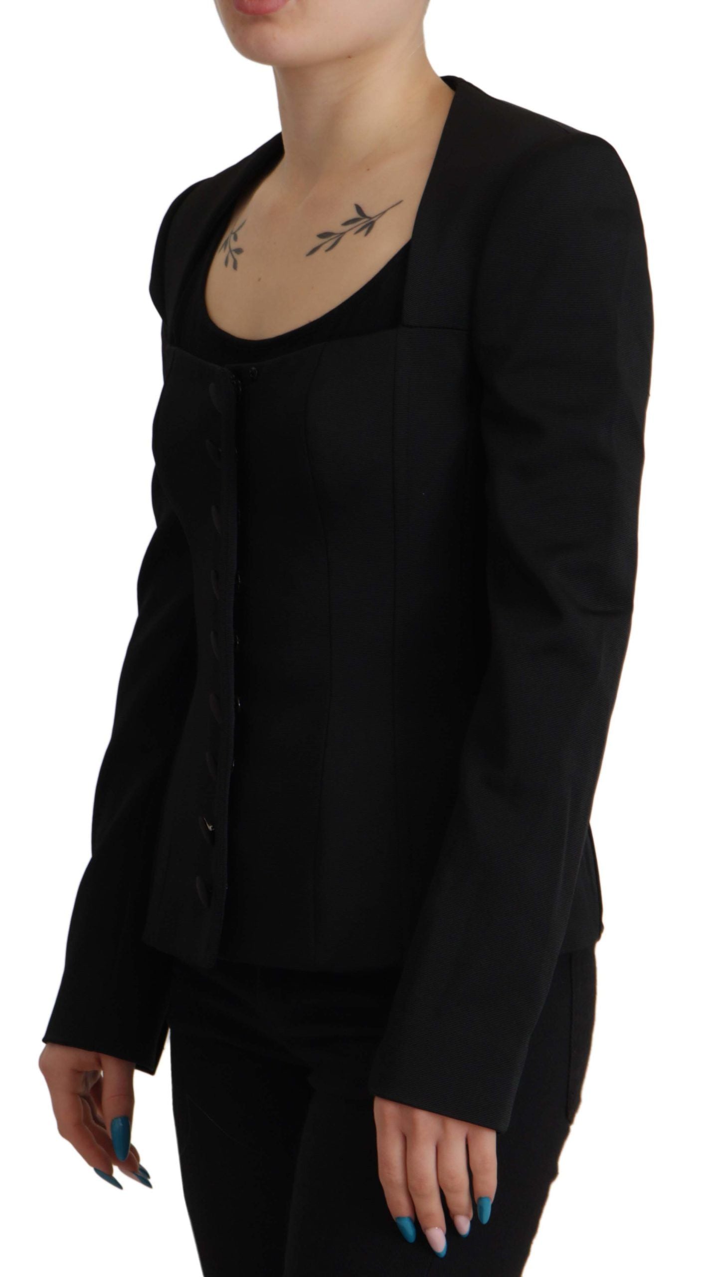Zwarte slim fit lange mouwen drukknoopjas