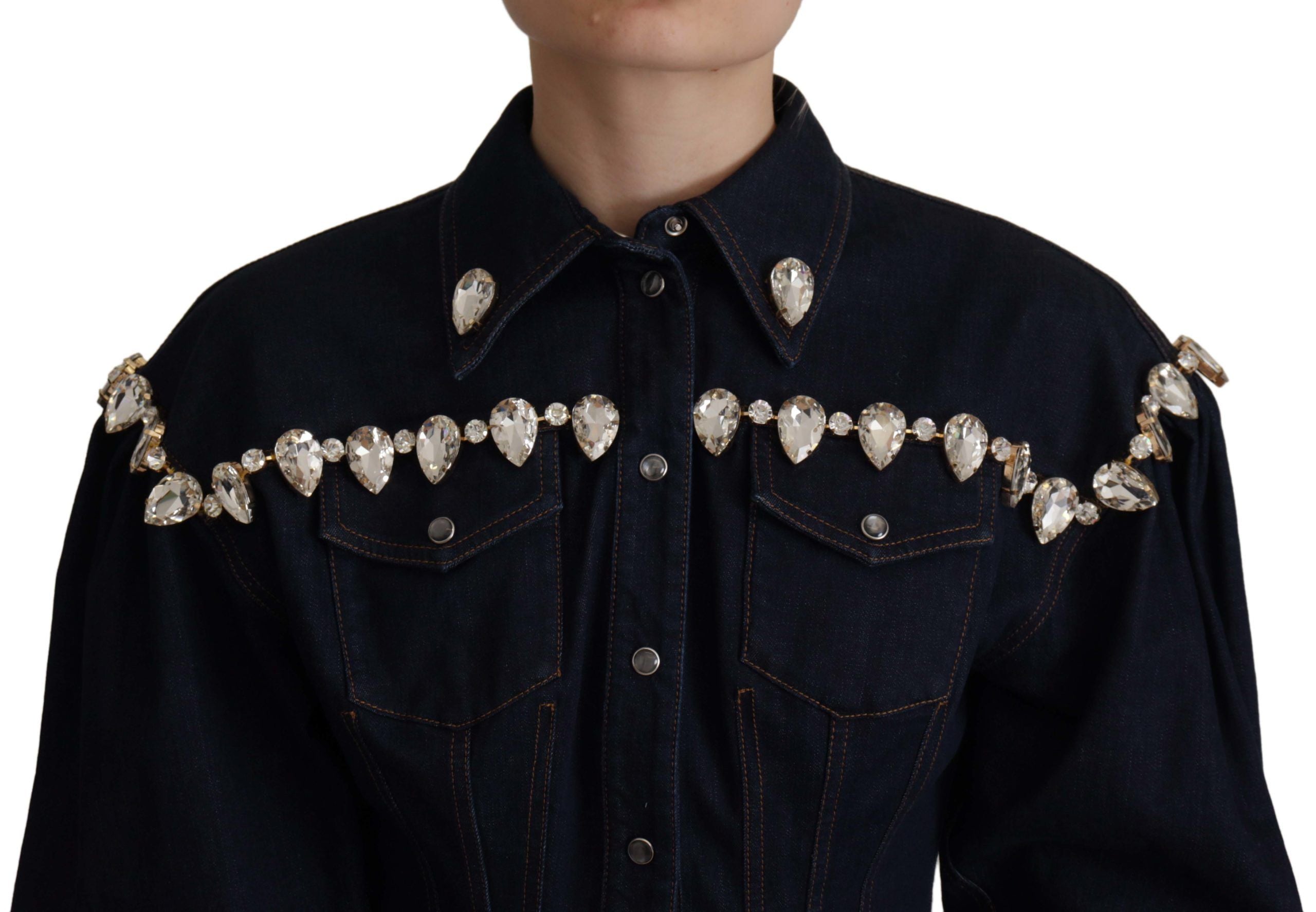 Blauwe denim kristal verfraaide katoenen jas