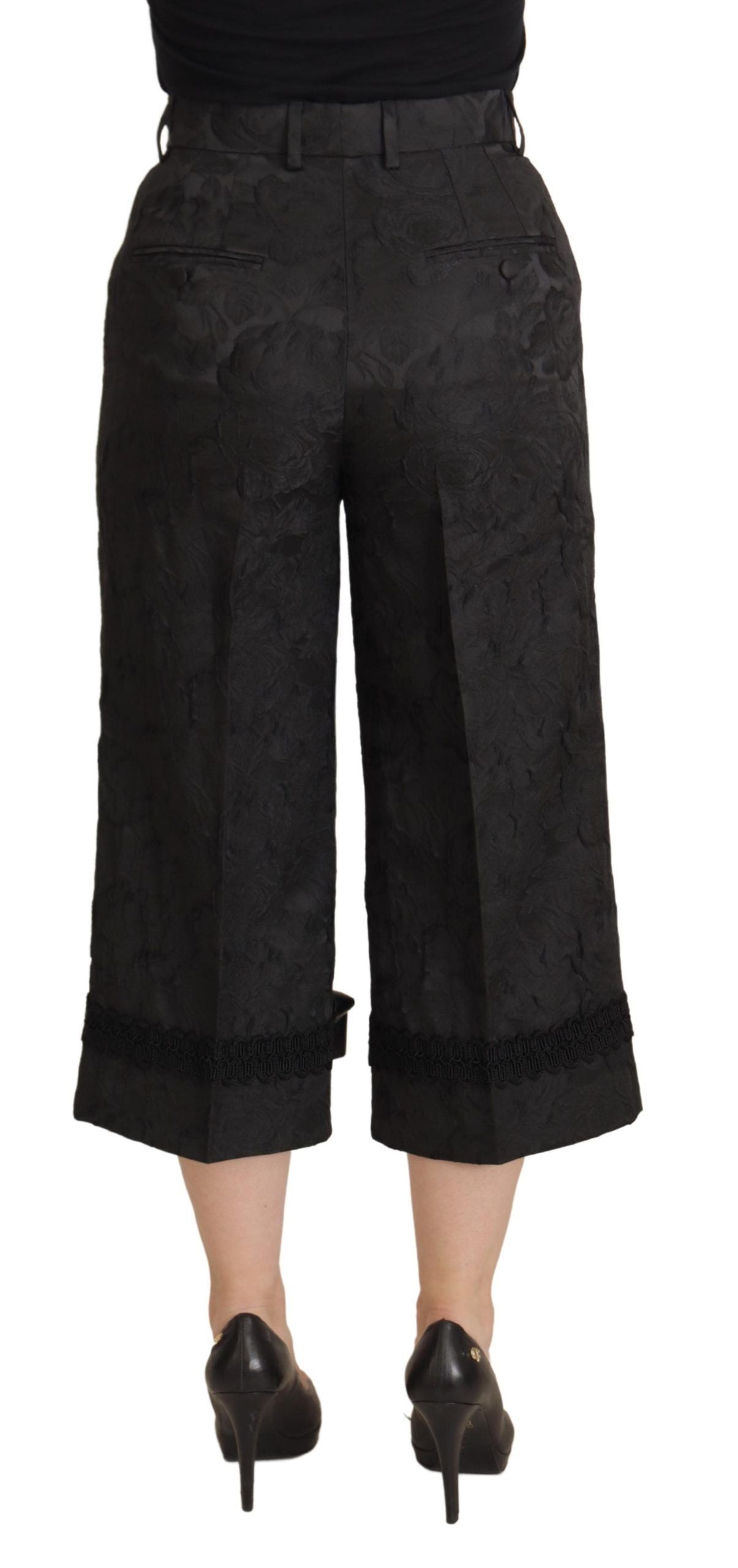 Zwarte brokaat cropped hoge taille broek