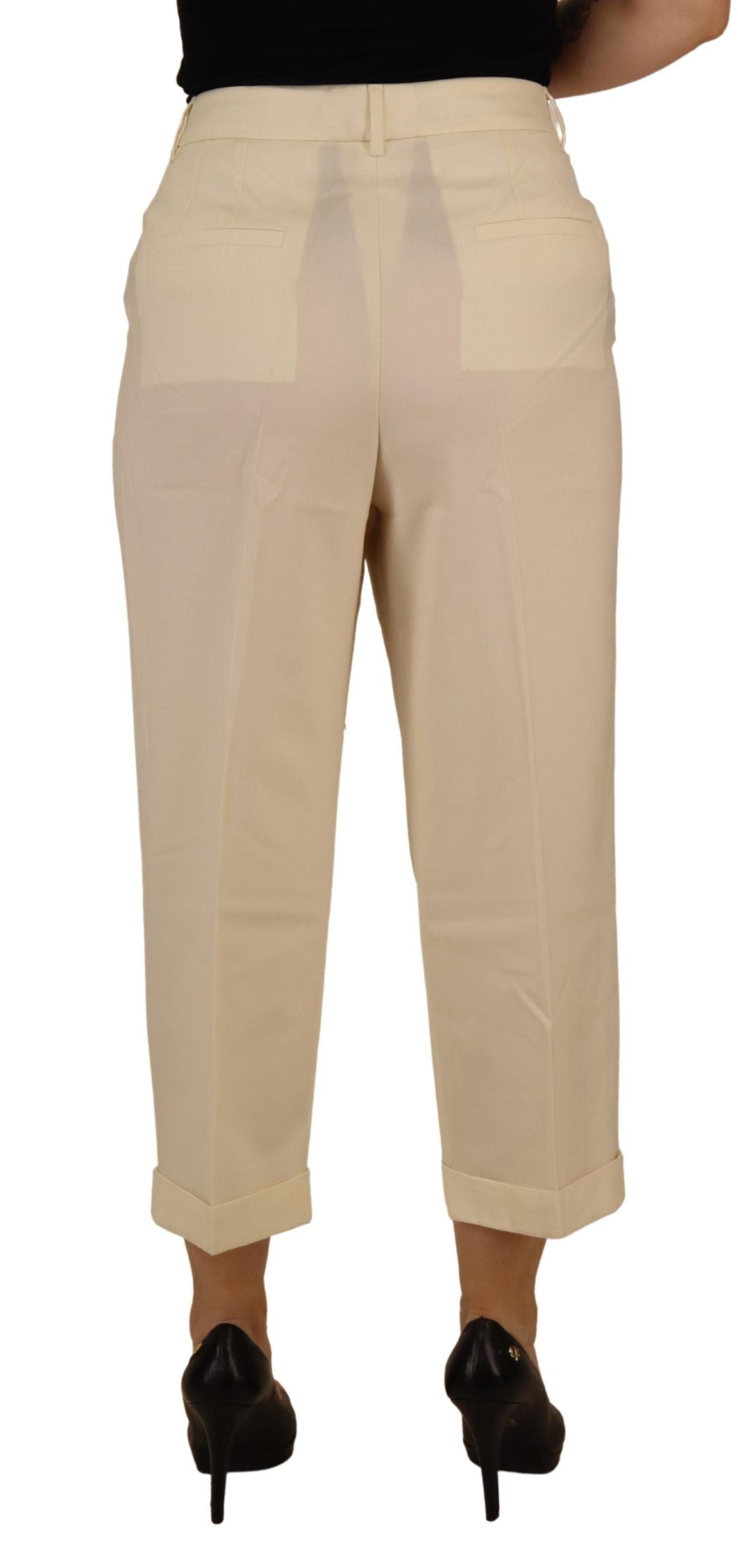Ivory High Waist Cropped Folded Hem Trousers Pants