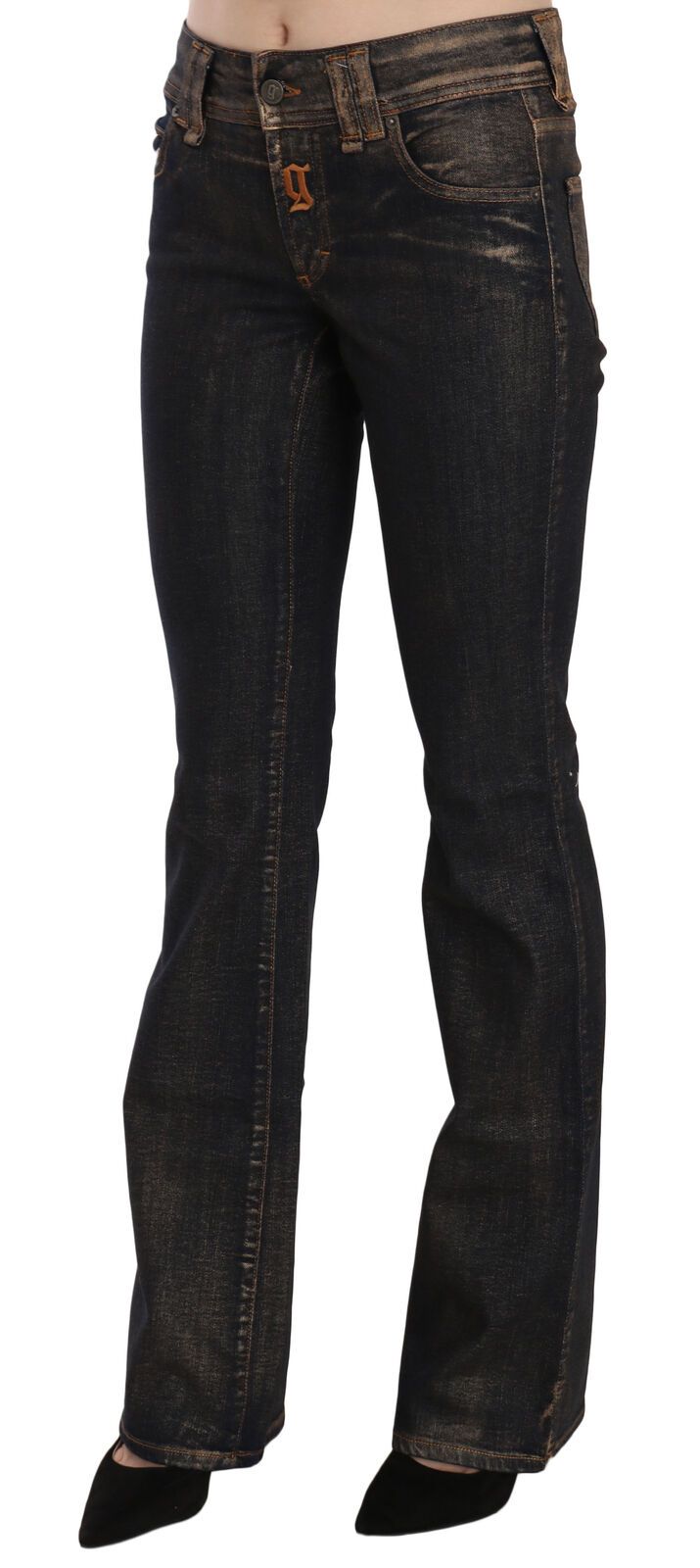 Zwarte gewassen mid waist flared denim broek van katoen