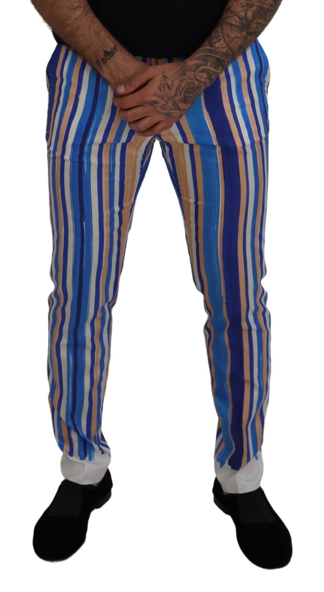 Blauwe gestreepte zijden katoenen slim-fit broek