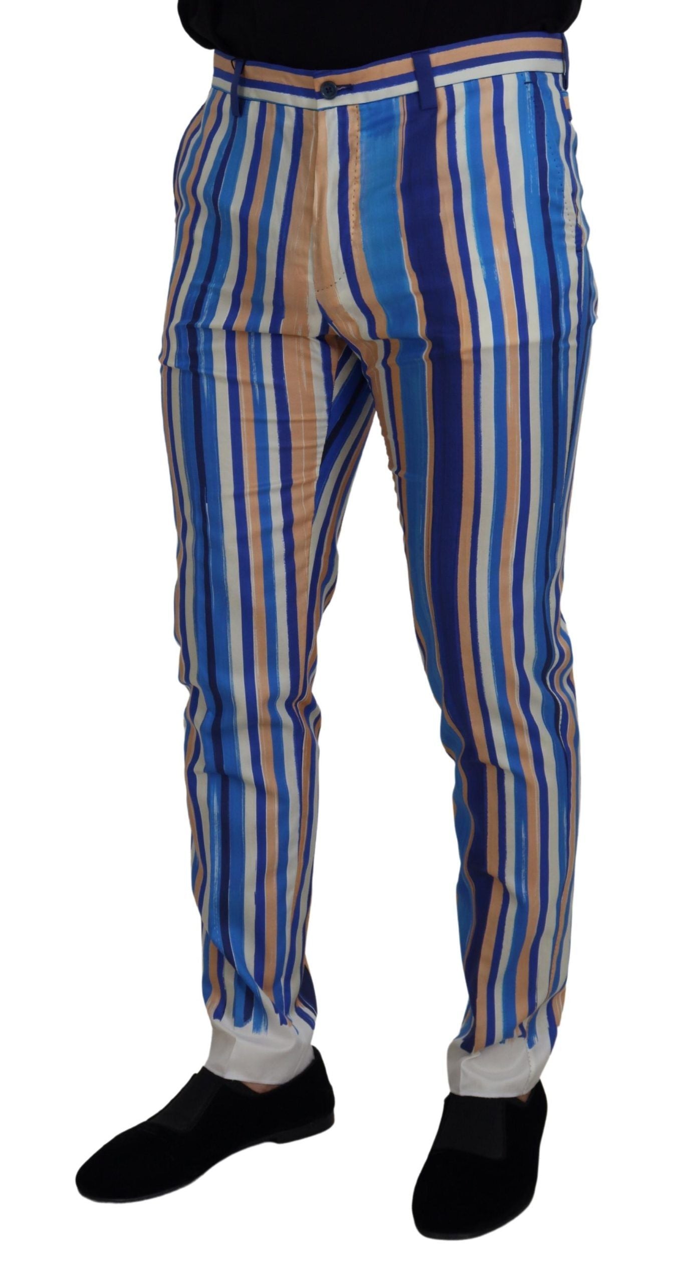 Blauwe gestreepte zijden katoenen slim-fit broek
