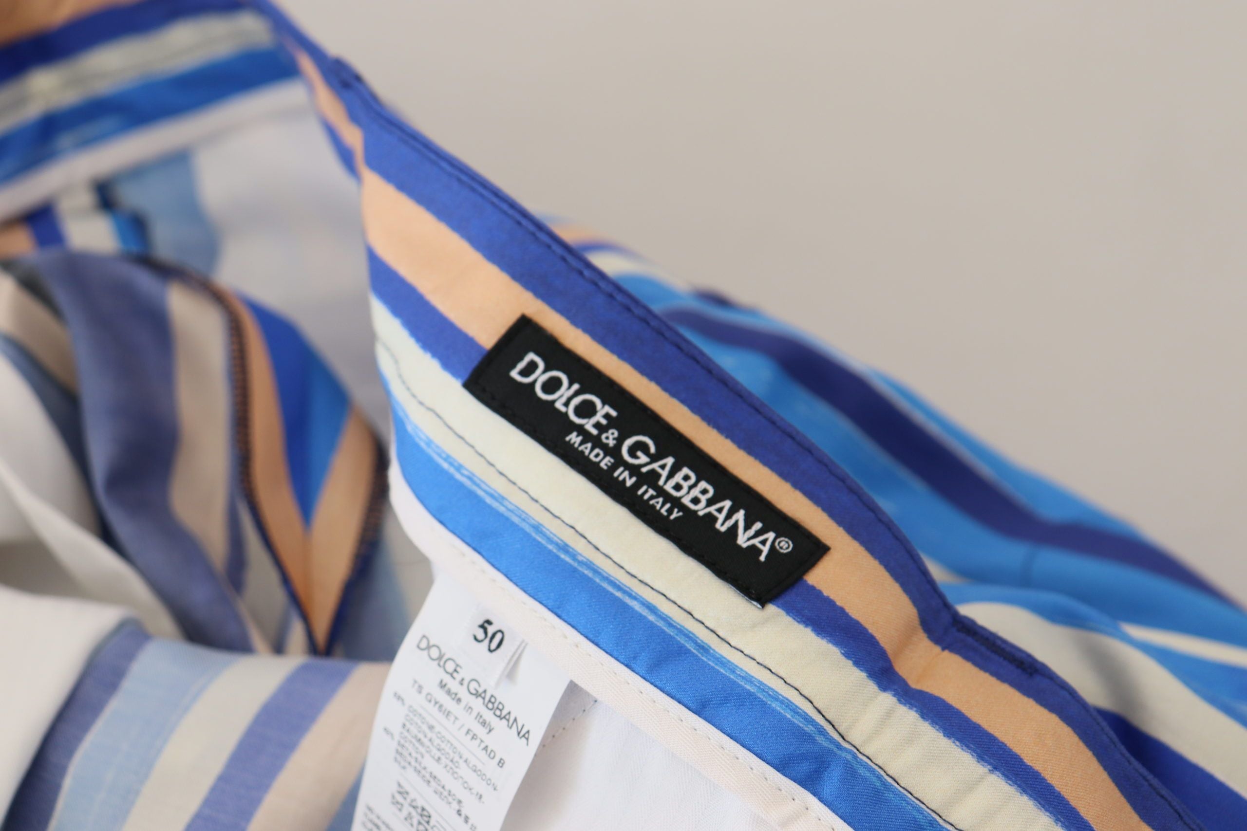 Blauwe gestreepte zijden katoenen slim-fit broek