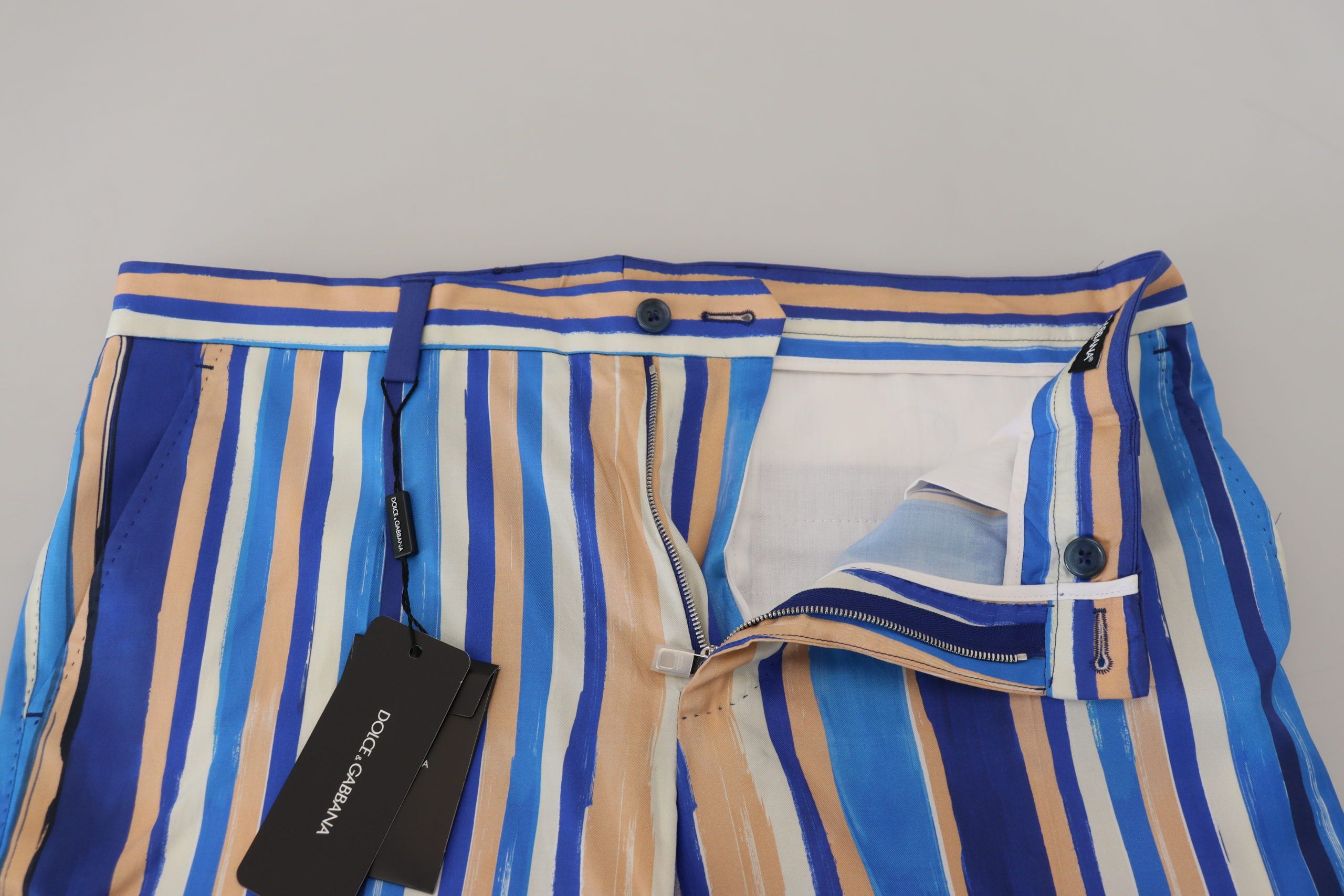Blauwe gestreepte zijden katoenen slim-fit broek