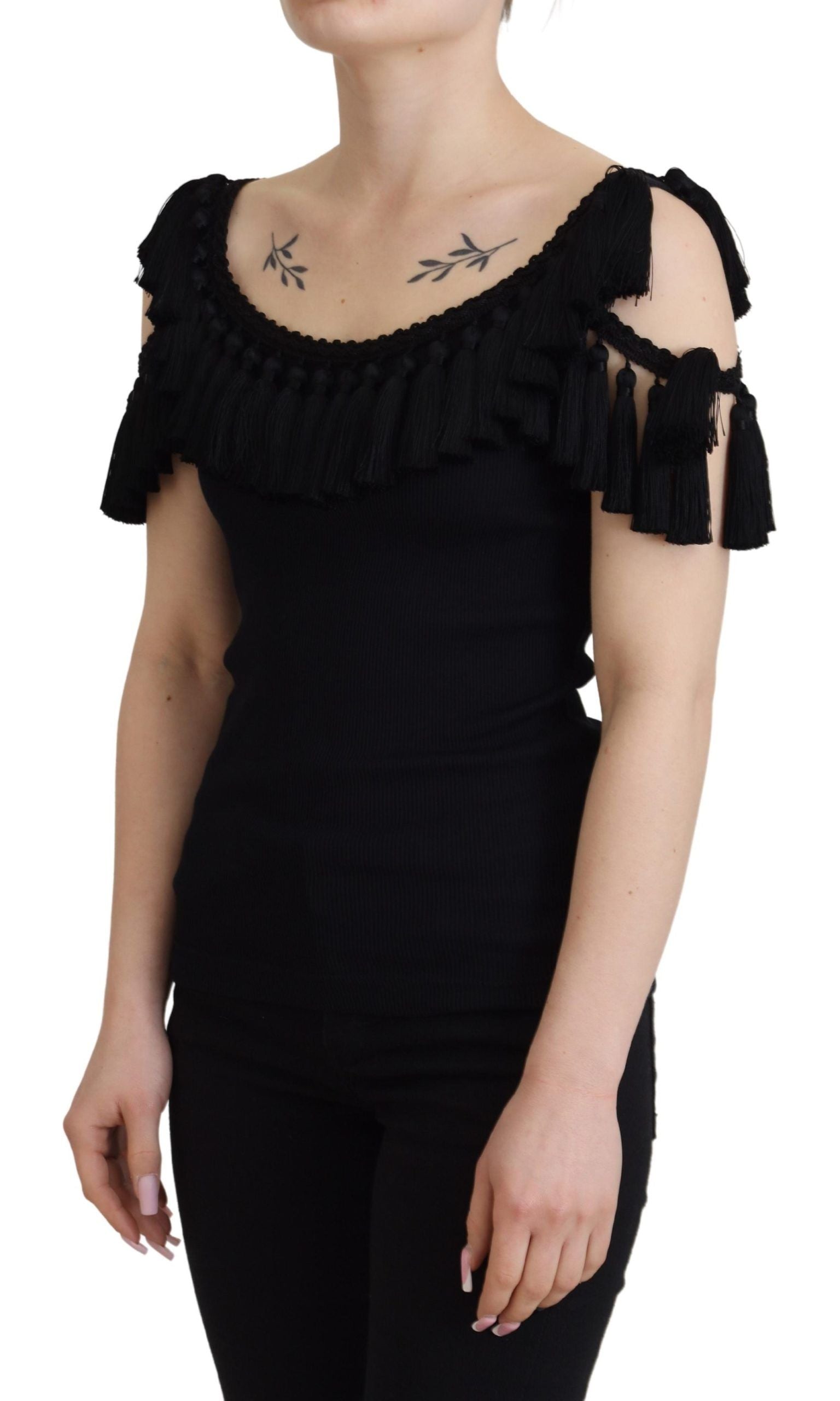Zwarte tanktop blouse met kwastjes van katoen