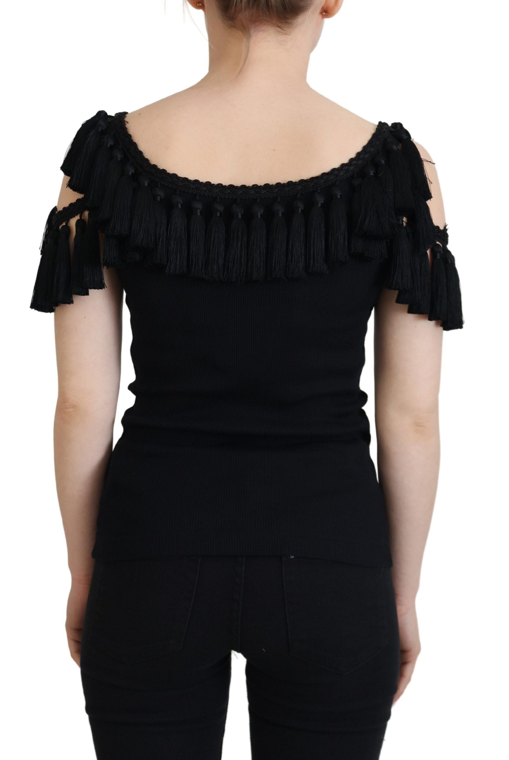Zwarte tanktop blouse met kwastjes van katoen