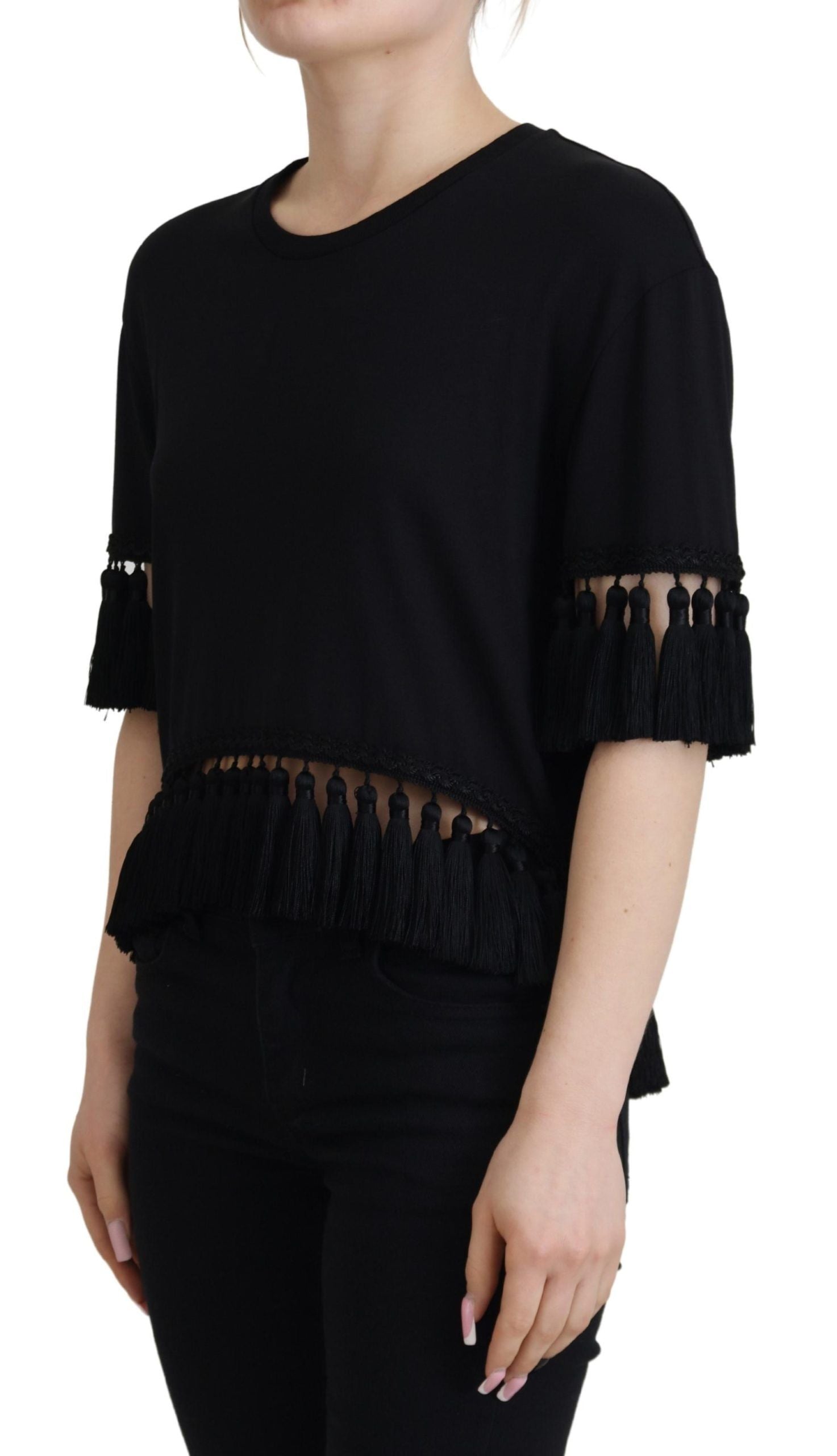 Zwarte T-shirtblouse met kwastjes van katoen