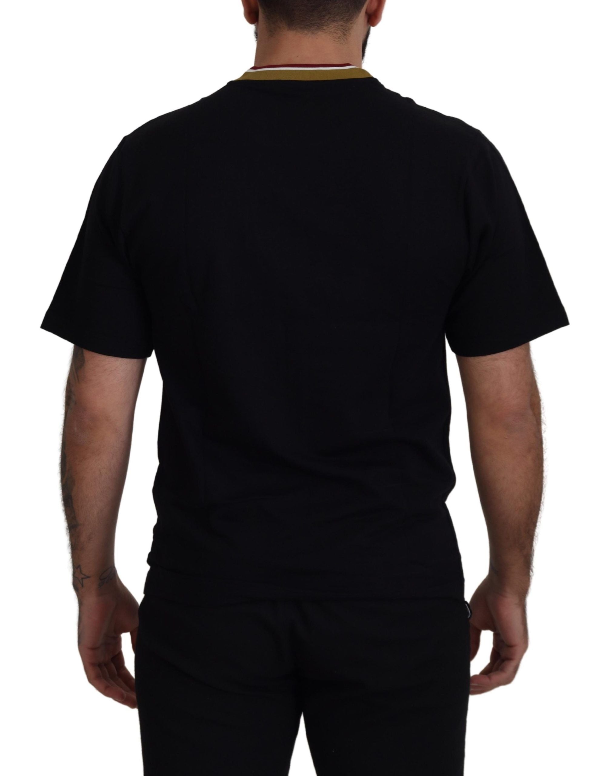 Zwart katoenen geborduurd T-shirt met ronde hals
