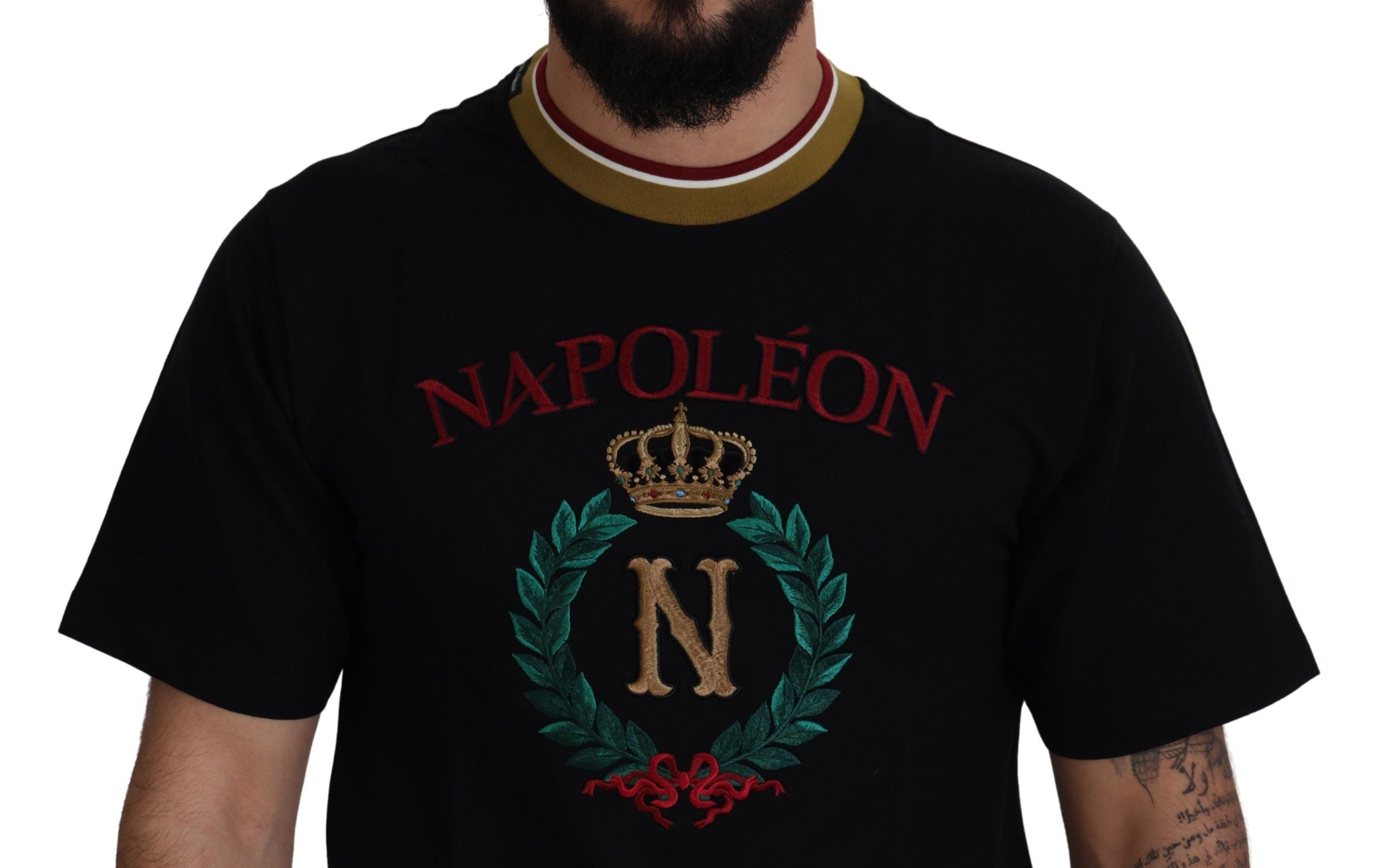 Zwart katoenen geborduurd T-shirt met ronde hals