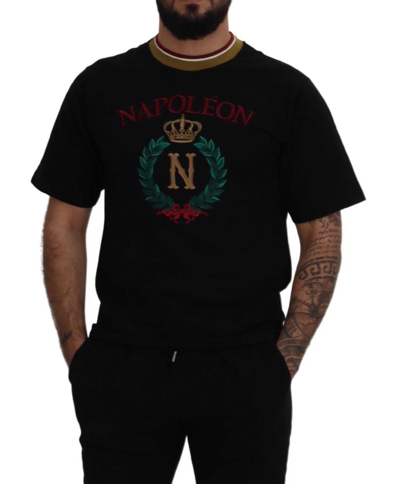 Zwart katoenen geborduurd T-shirt met ronde hals