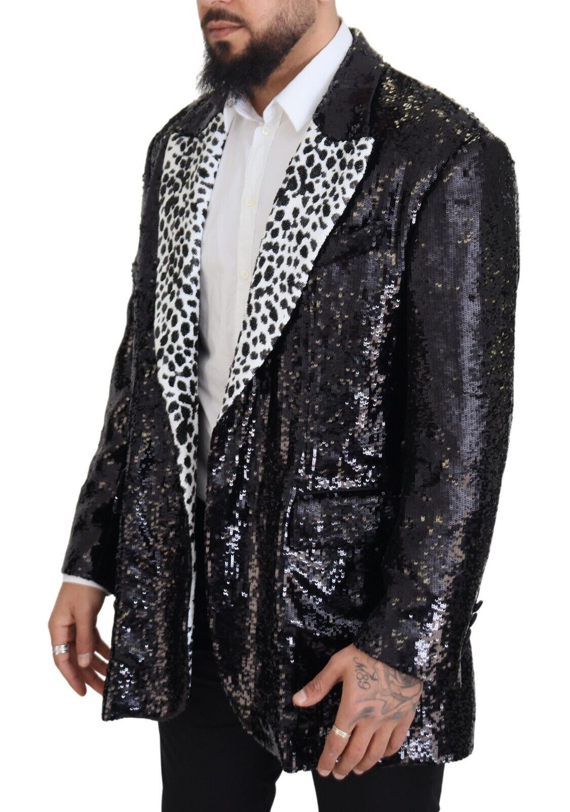 Zwarte nylon blazer met pailletten en koeienpatroon