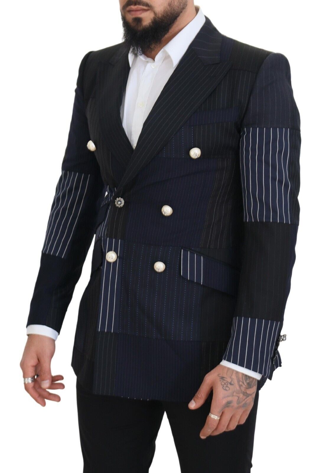 Blauwe wollen patchwork dubbelrijs blazer