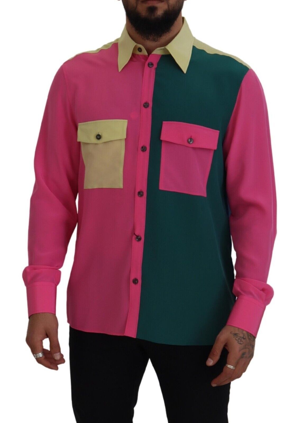 Veelkleurige patchwork zijden overhemd met knoopjes