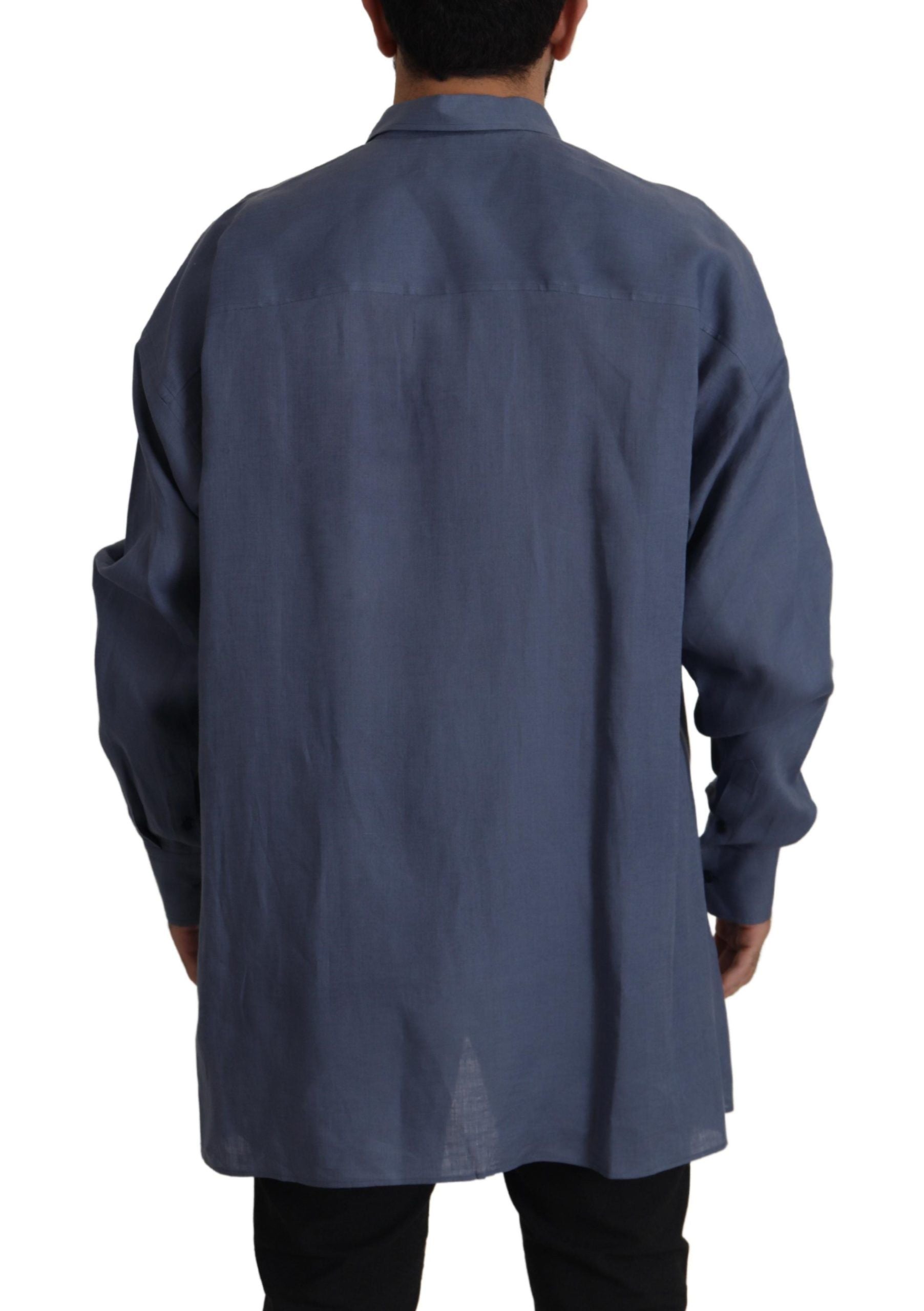 Donkerblauw linnen slim fit overhemd voor heren