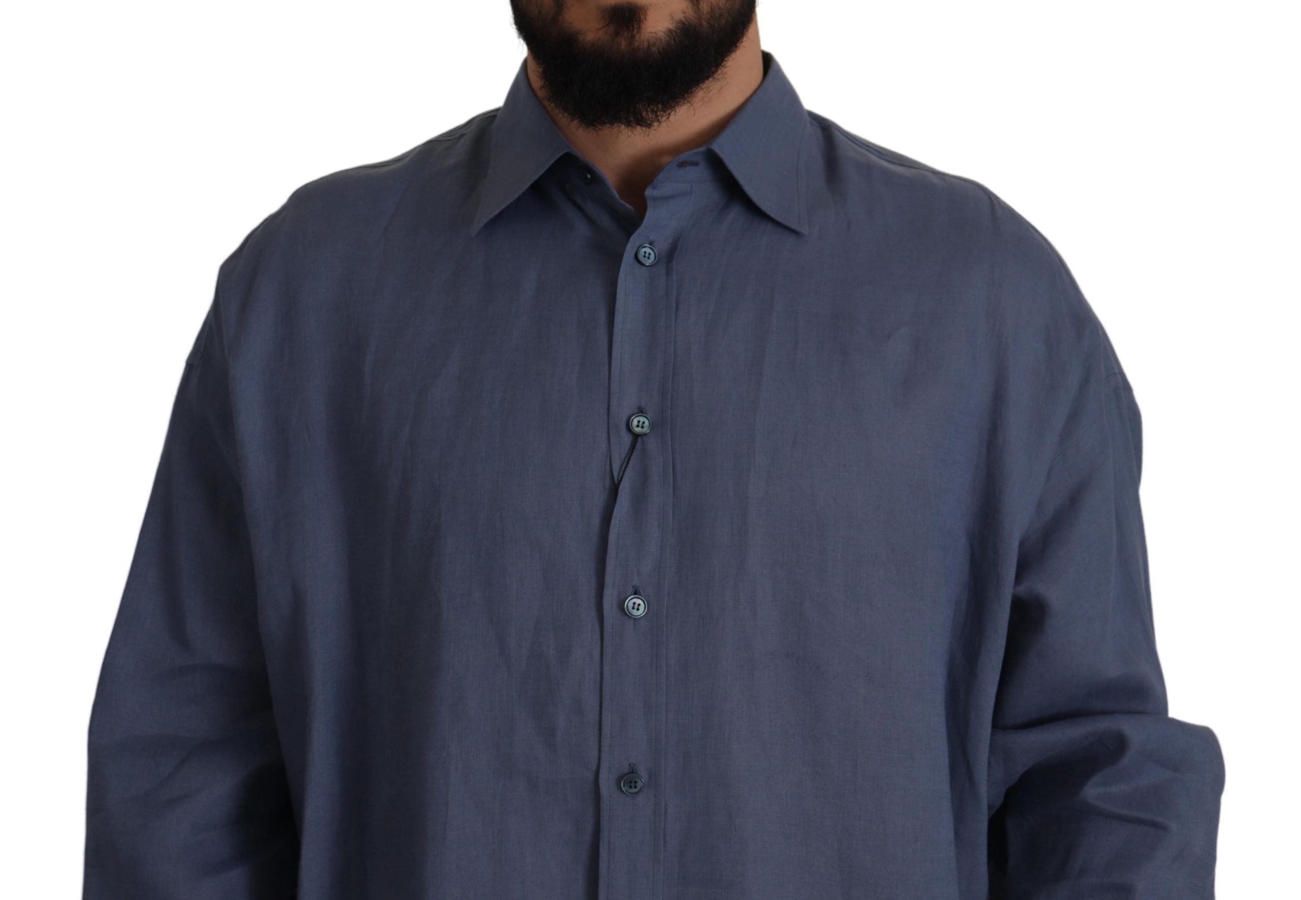 Donkerblauw linnen slim fit overhemd voor heren
